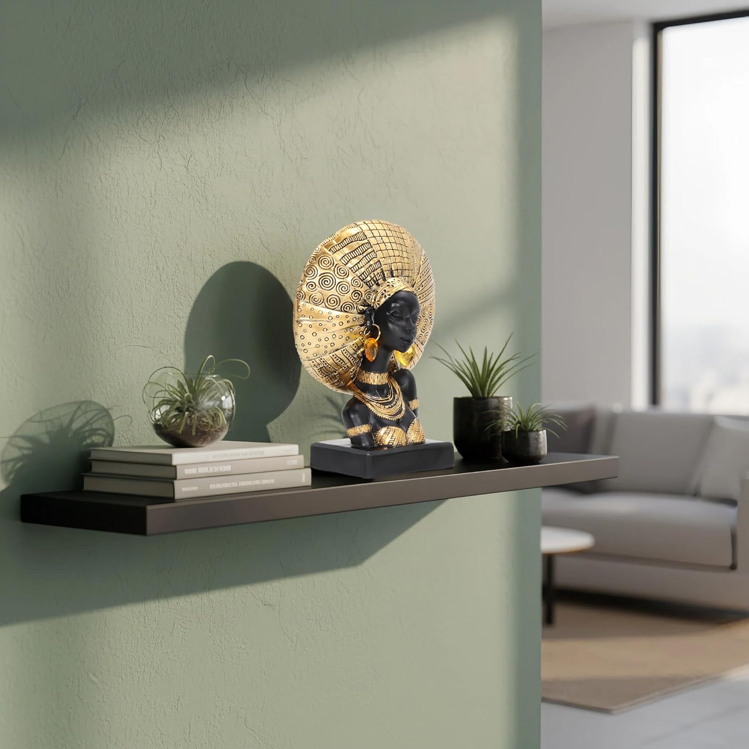 African Woman Statue with Gold Sunburst Headdress – Resin Figurine with Tribal Jewelry, Afrocentric Home Decor Accent, Cultural Sculpture Gift for Women - Image 4