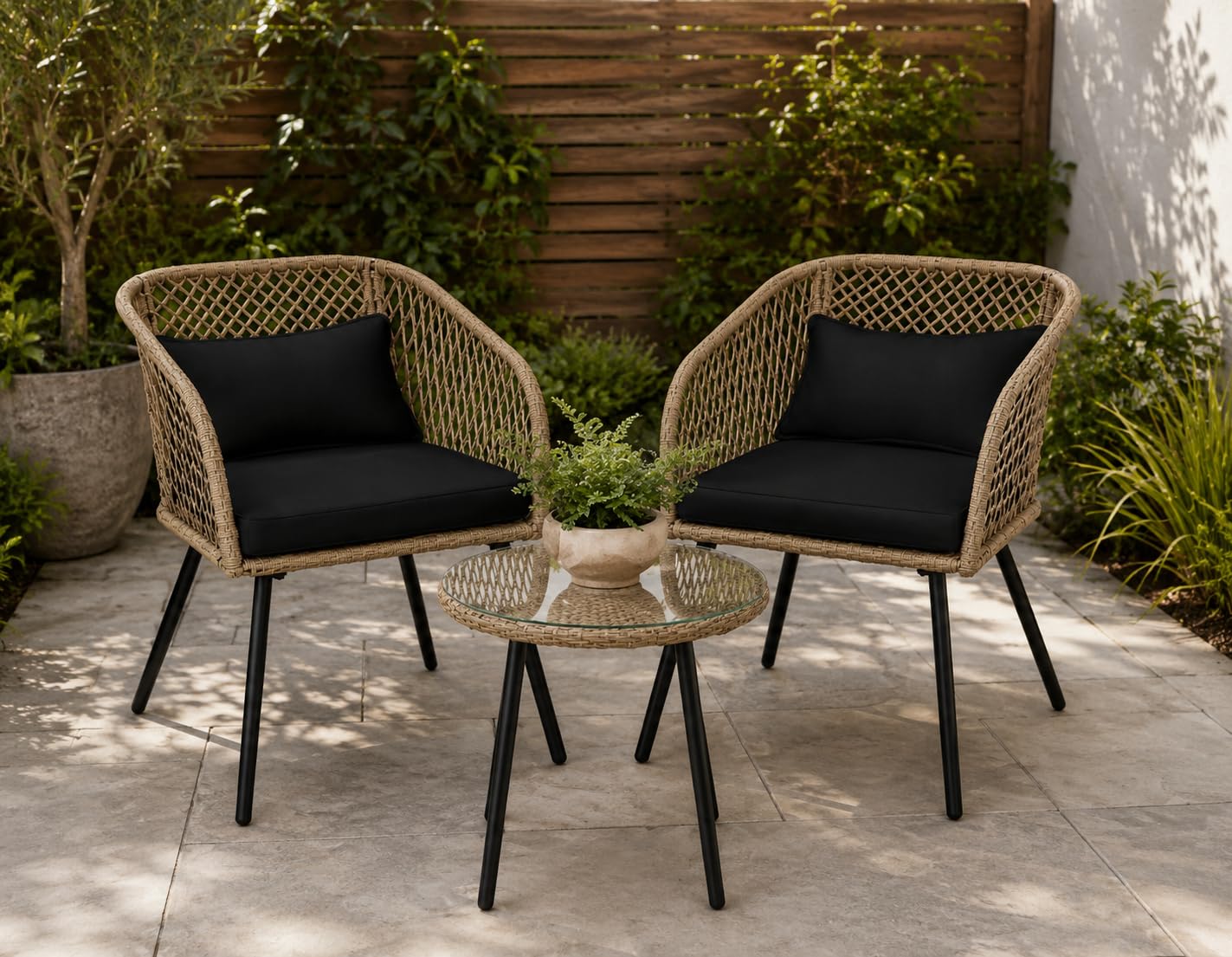 3-Piece Outdoor Wicker Bistro Set with Black Cushions, Glass Top Table, Patio Seating-image-7