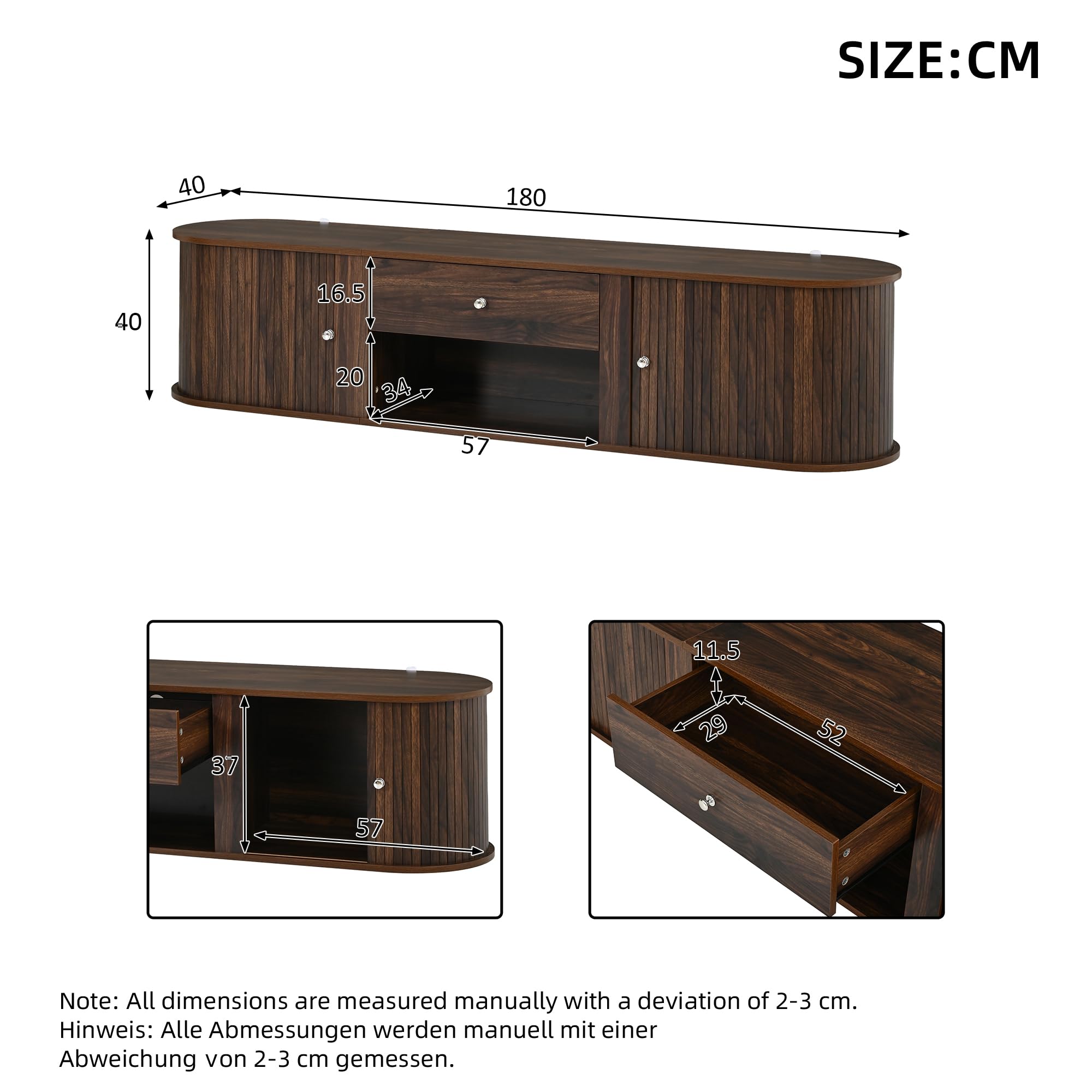 Mobile TV 180 x 40 x 40 cm con design rotondo, 2 ante a rullo, 1 cassetto, mobile TV per TV fino a 75 pollici, adatto per soggiorno e sala da pranzo, colore noce