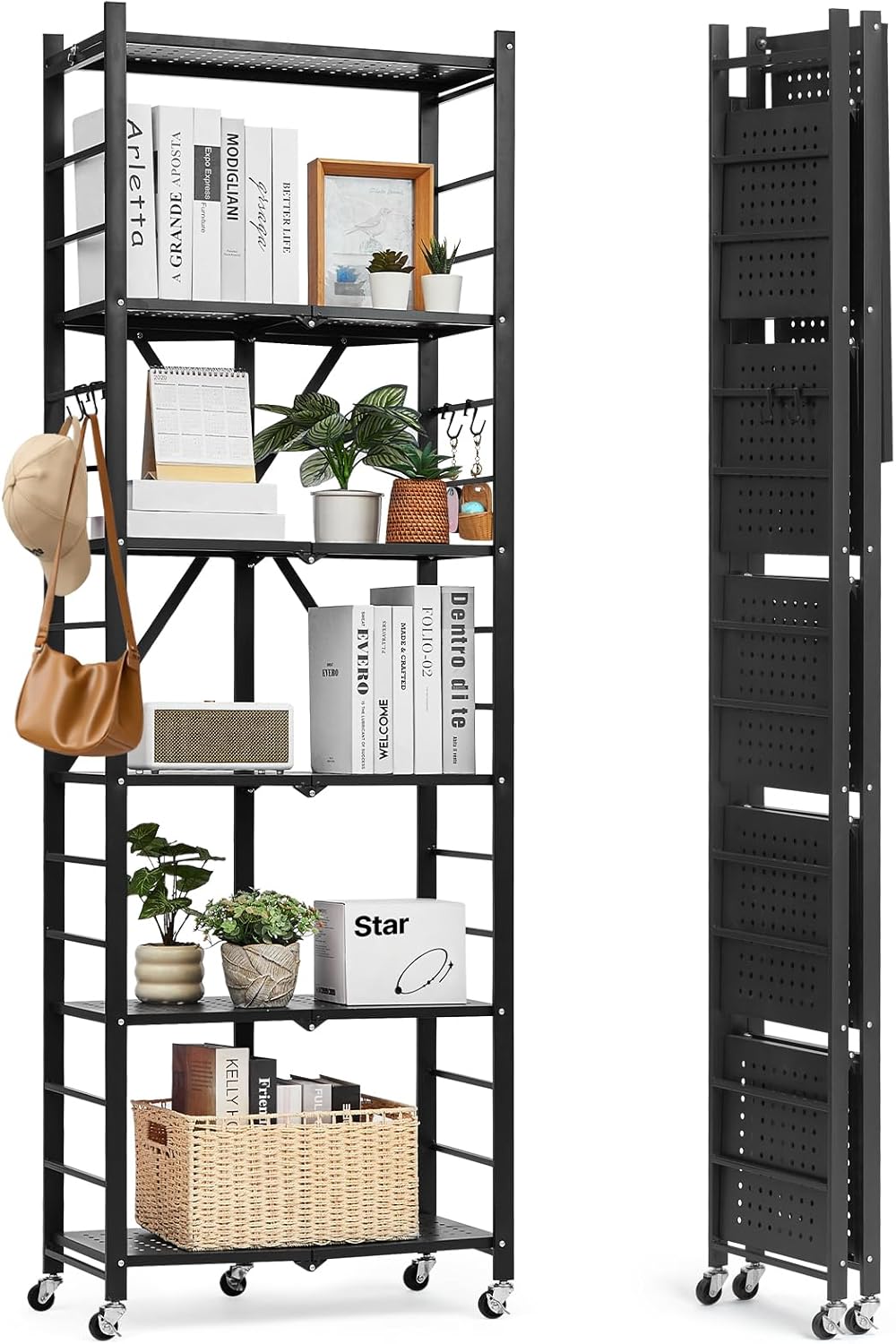 VEVOR 6-Tier Foldable Storage Shelf, 24W x 12D x 72H Inch Folding Metal Rack Shelving Unit, No Assembly Organizer Shelf with 5 Wheels & 4 Hooks for Pantry, Kitchen, Garage, Basement, Black