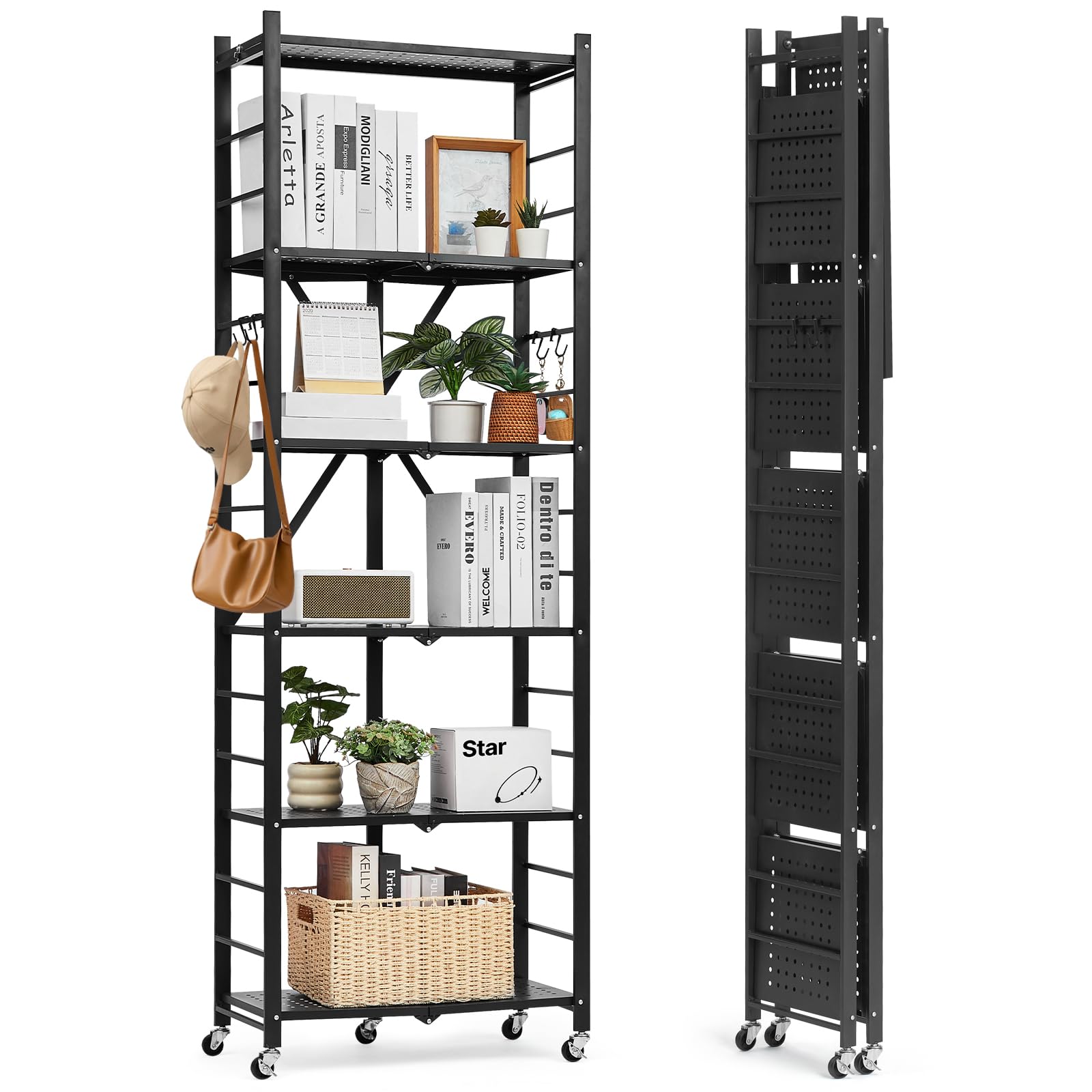 VEVOR 6-Tier Foldable Storage Shelf, 24W x 12D x 72H Inch Folding Metal Rack Shelving Unit, No Assembly Organizer Shelf with 5 Wheels &amp; 4 Hooks for Pantry, Kitchen, Garage, Basement, Black