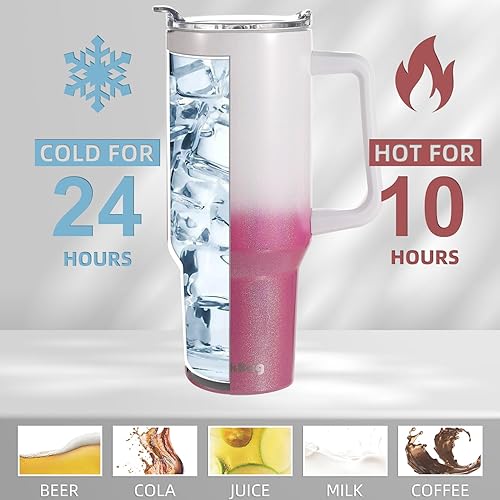 Miniatura 3 de Vaso de 40 onzas con asa y tapa con pajilla, reutilizable, aislado, de acero inoxidable, botella de café de viaje, botella de agua térmica 100% a