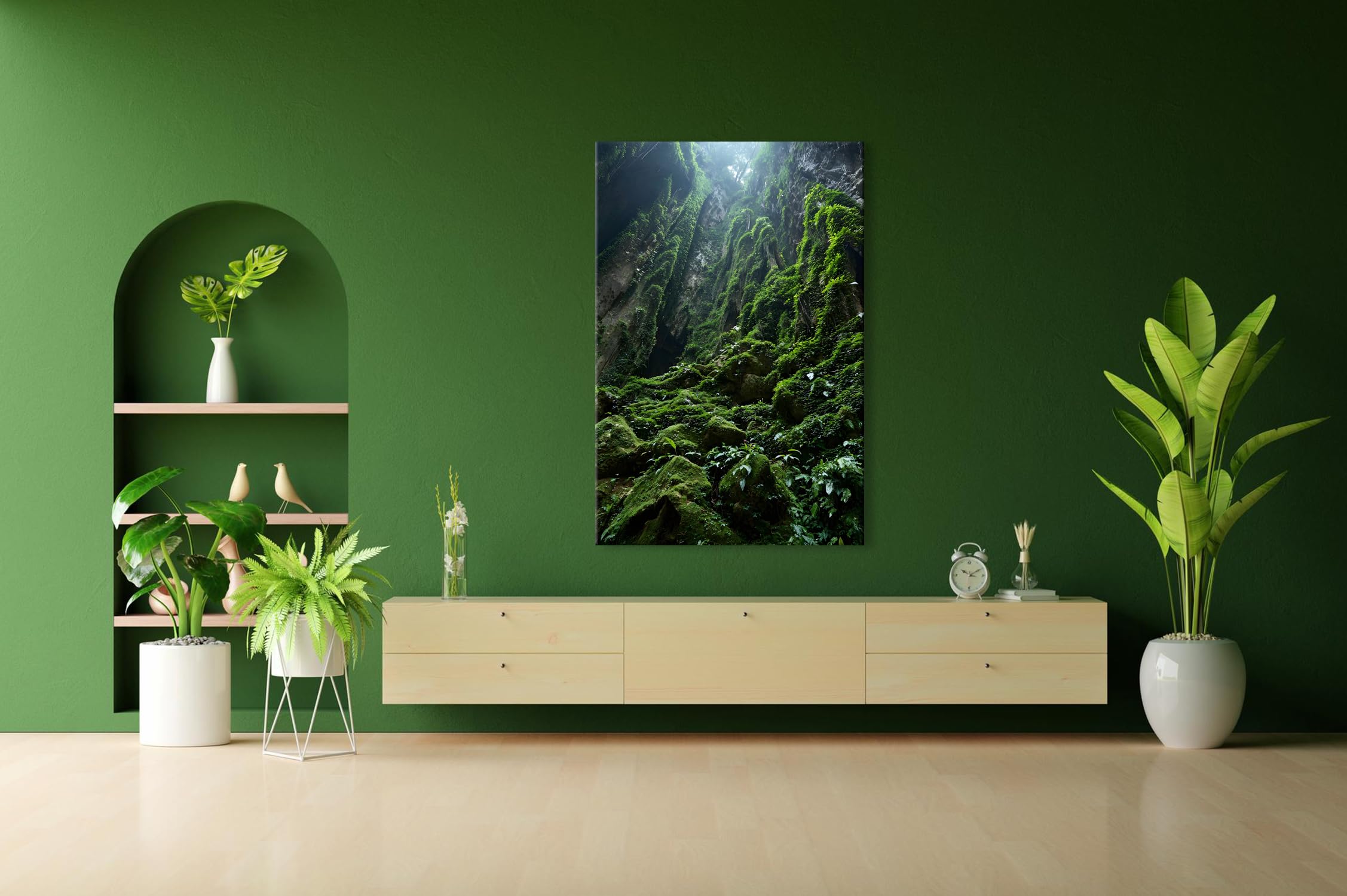 Farbenhorizont Leinwandbild Üppige moosbedeckte Schlucht mit dichtem grünem Dschungel Format: 100x70cm XXL Wandbild auf Keilrahmen/Kunstdruck/Bild Wohnzimmer Dekoration
