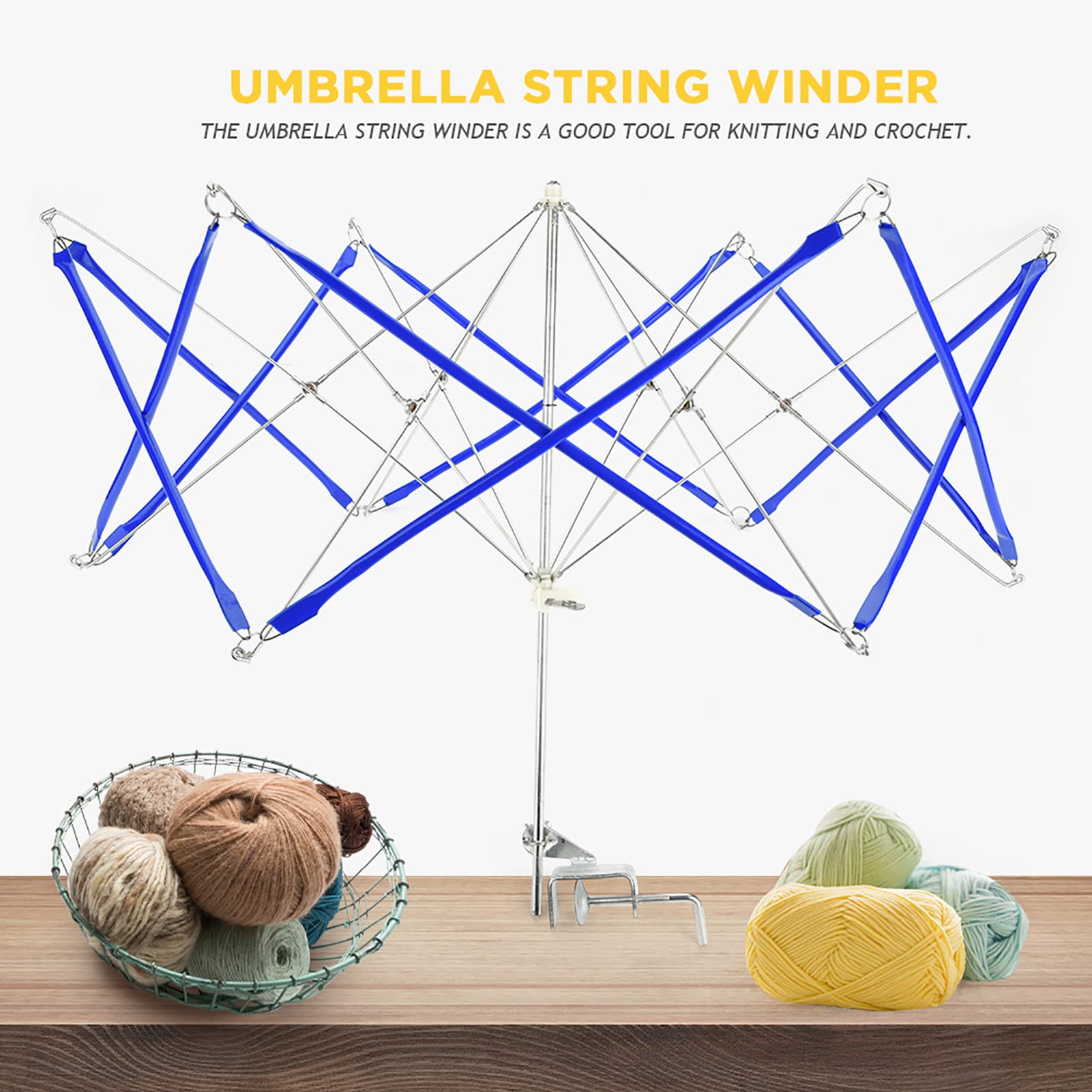 Umbrella String Winder, Blue Iron Umbrella Shape Knitting Crochet String Winder Holder Machine Umbrella Swift Yarn Winder, Hand Operated Ball Winder Holder, Knitting Tool