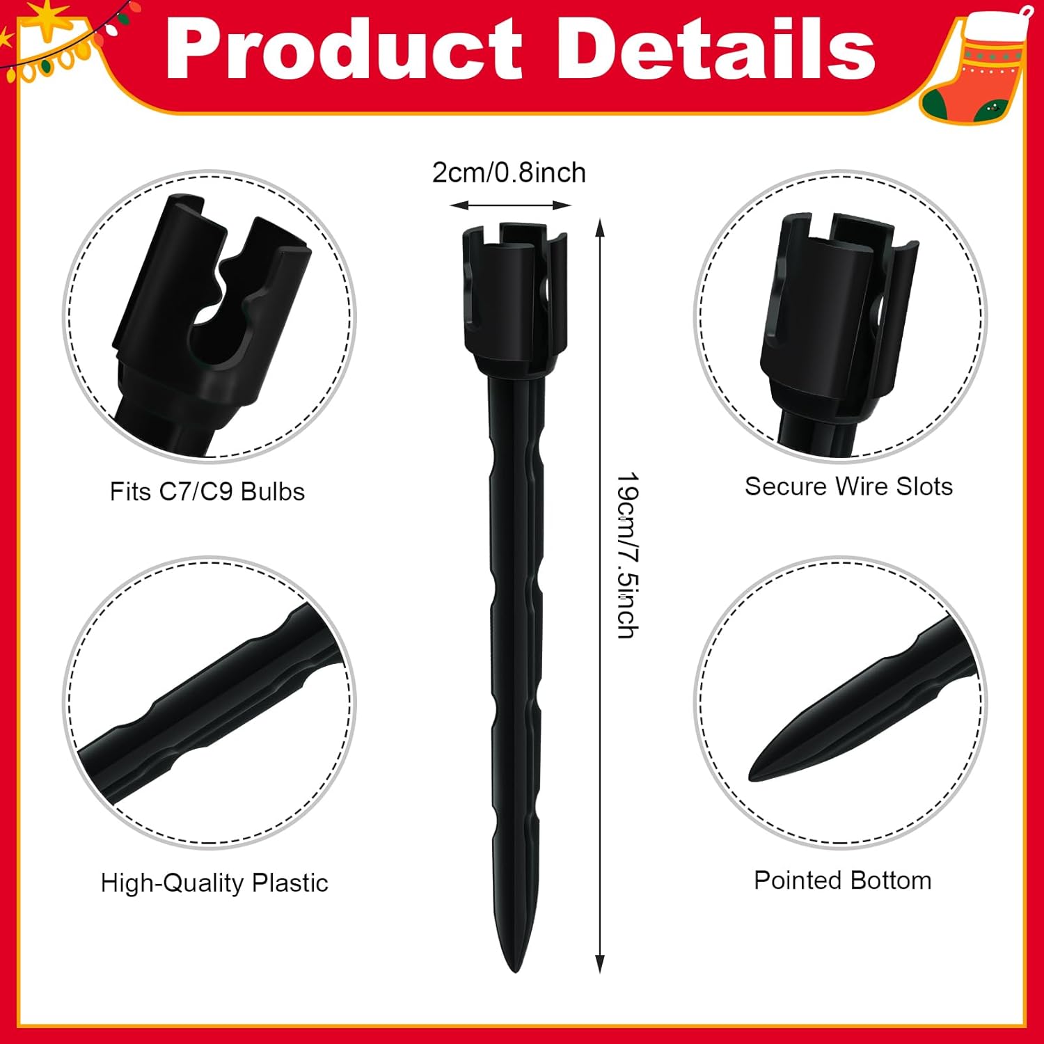 60 Pcs 7.5 Inch Christmas Light Stakes, Christmas Yard Stakes for C7 C9 Christmas Lights, Garden Path Walkway Holiday Decorations(Black)
