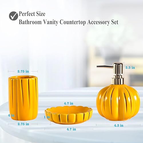 Miniatura 2 de Juego de accesorios de baño de cerámica de 3 piezas, juego de accesorios decorativos para encimera de baño, forma de calabaza, amarillo
