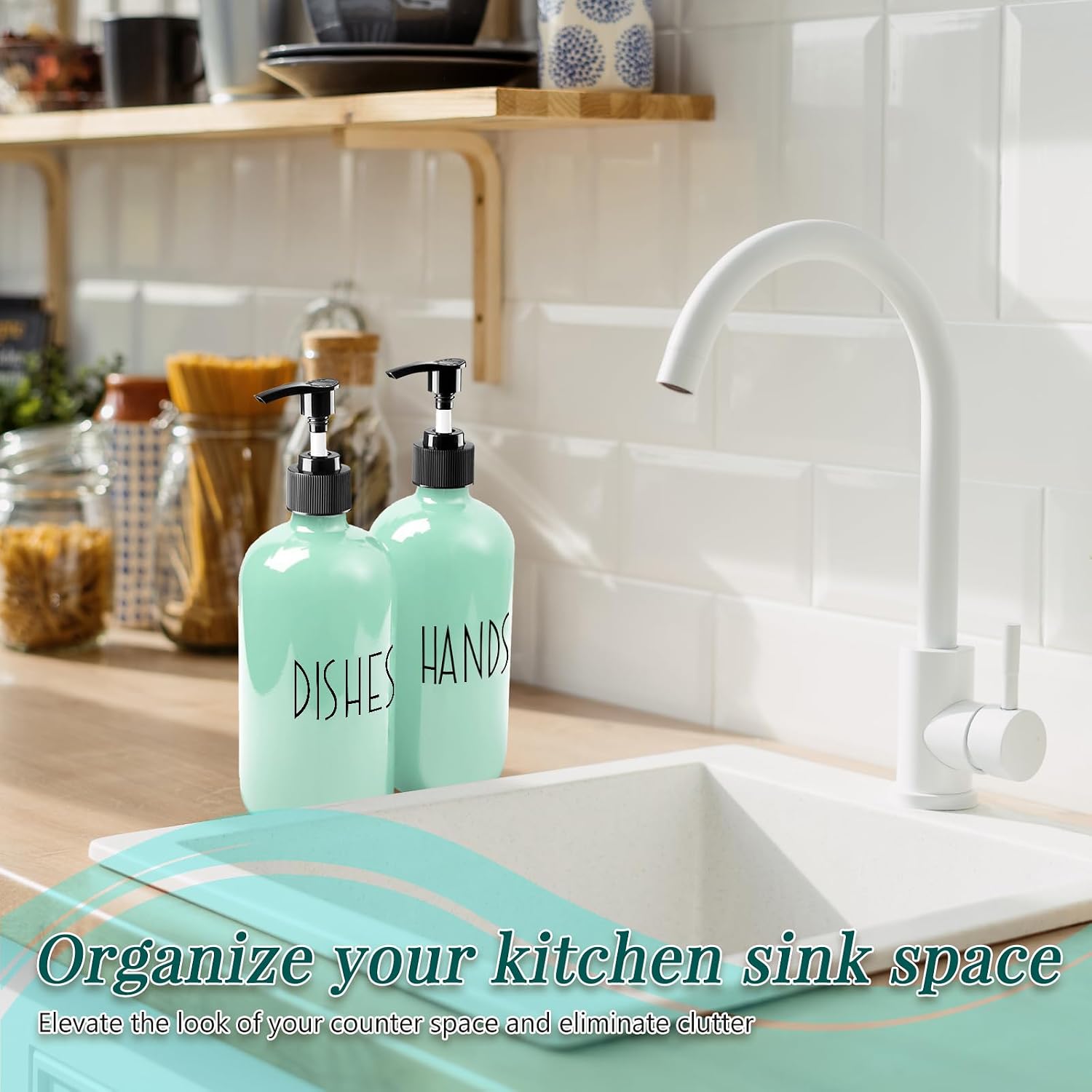 Dish Soap Dispenser for Kitchen - 16 OZ Glass Hand Soap Dispenser Set - Kitchen Bathroom Decor and Accessories (Turquoise Green) image 5