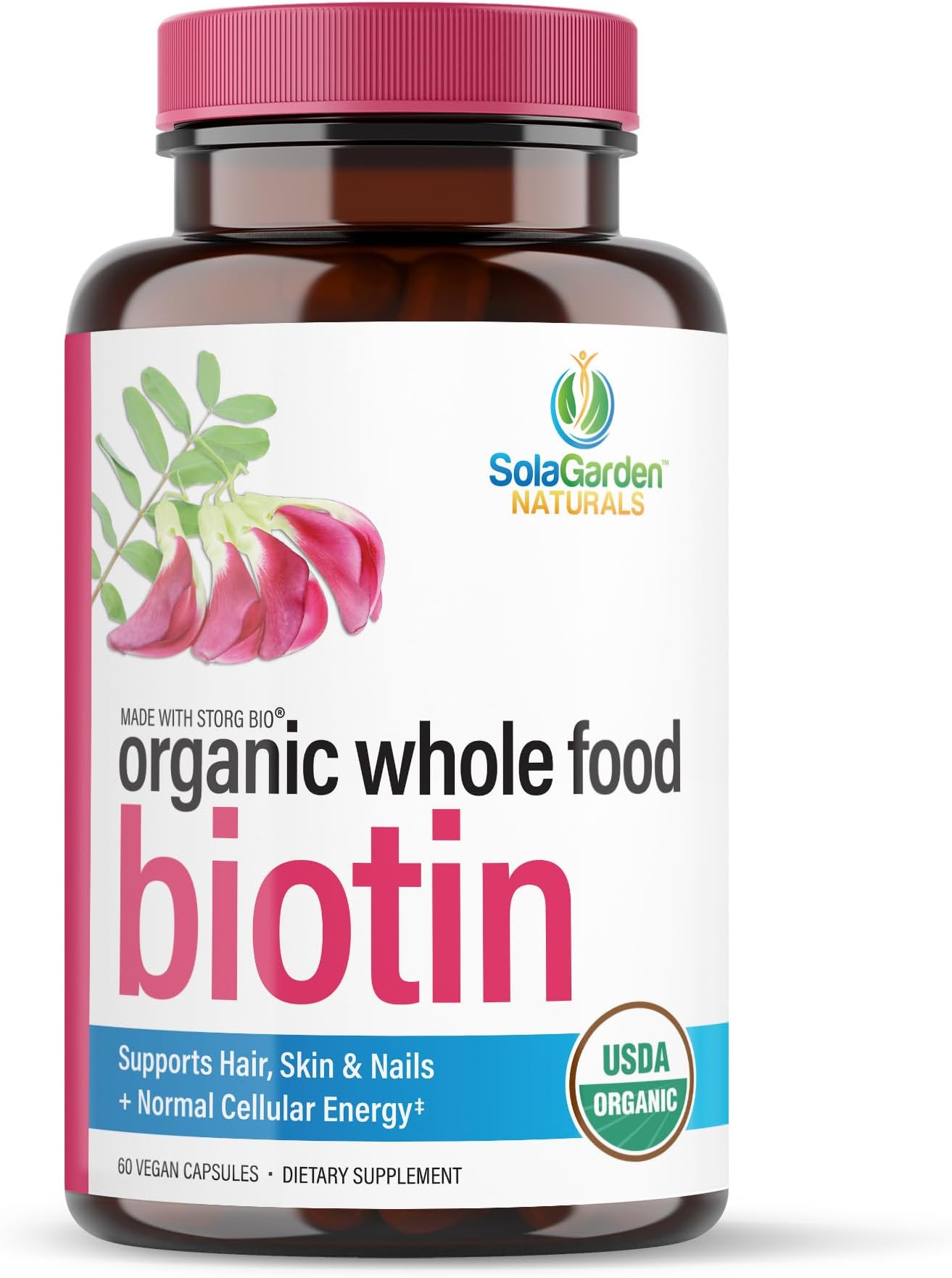 USDA Organic Whole Food Biotin Supplement, Made with Plant-Based Biotin from Sesbania Agati Trees, by SolaGarden Naturals, 60 Non-GMO Vegan Capsules, Supports Hair, Skin, and Nails, Made in USA