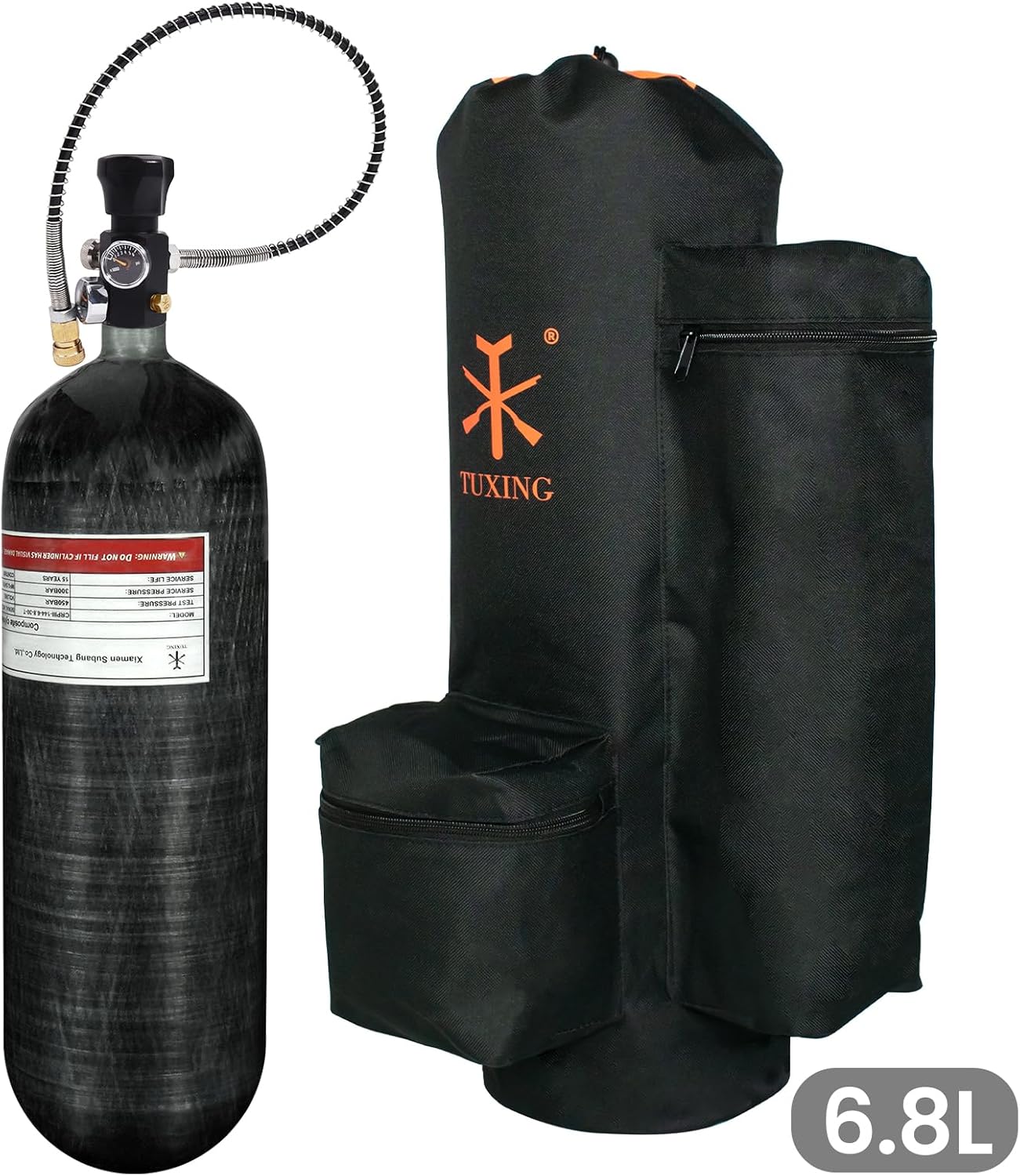 TUXING 4500psi 6.8L/414ci Carbon Fiber Paintball HPA Air Tank with PCP Air System Dual Gauge Valve and Carrier Bag