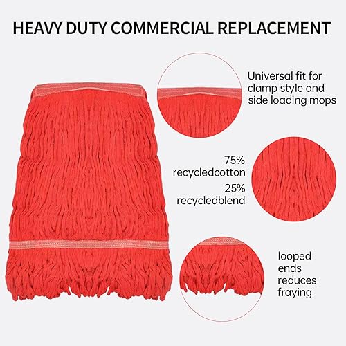 Miniatura 4 de Repuesto de cabezal de trapeador comercial, cuerda de extremo con bucle de algodón rojo, limpieza industrial húmeda, repuesto de cabezal de