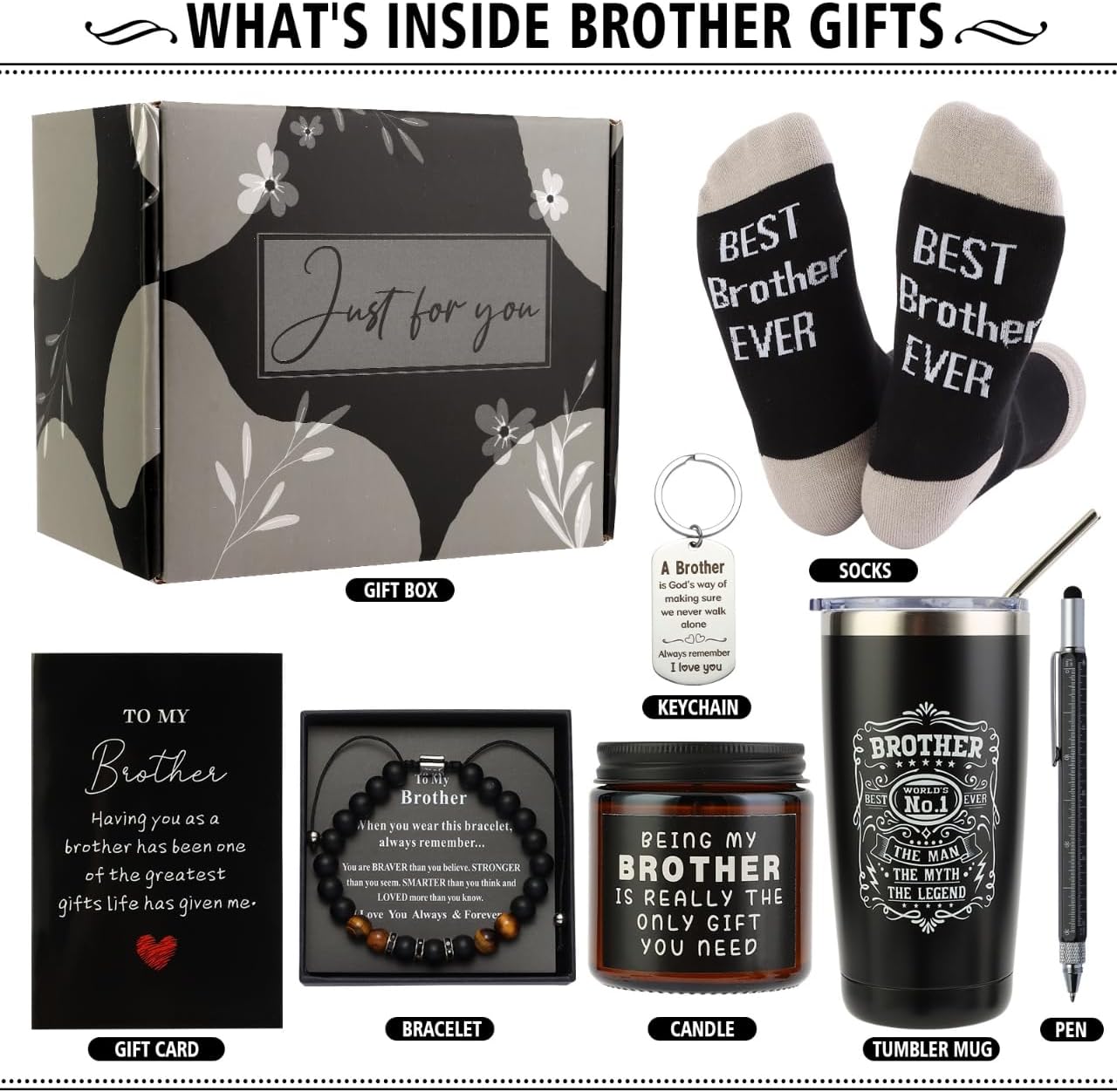 Brother Gifts for Men Christmas Gift Unique Gifts for Brother Including Tumbler Keychain Socks Pen Candle Bracelet Gift Card for Birthday Christmas - Image 2
