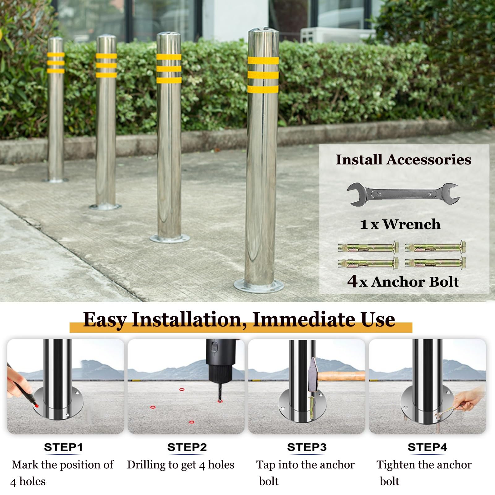 Poste de Bolardo Bolardo De Seguridad De 30 Pulgadas De Altura para Áreas Sensibles Al Tráfico, Poste De Bolardo Extraíble De 4,4 Pulgadas De Diámetro con Base Extraíble