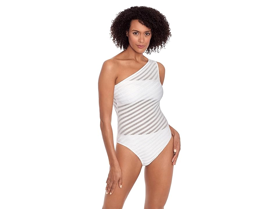 Lauren Ralph Lauren Ottoman Mesh One Shoulder One-Piece Women's Swimsuits One Piece White : 8, Elastane/Mesh/Polyester