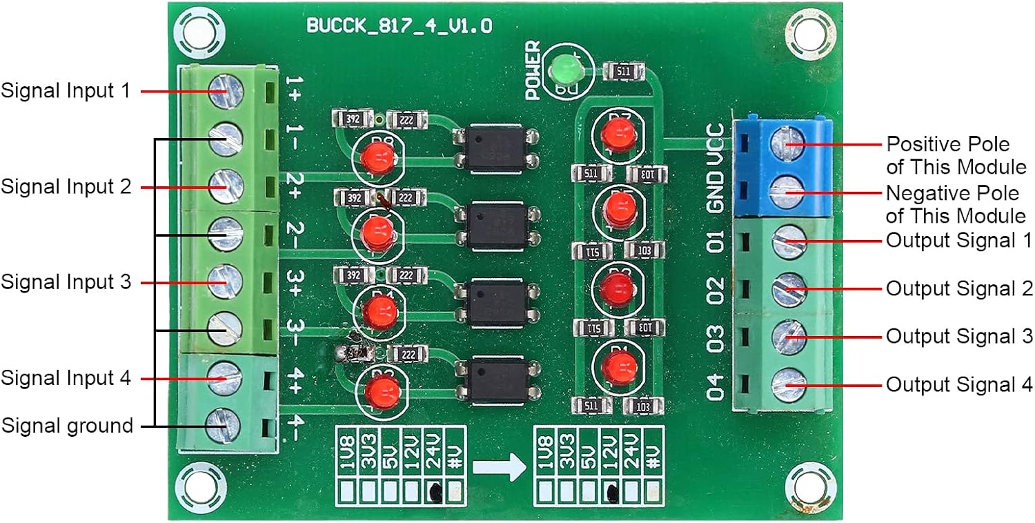 Fafeicy Optocoupler Isolation Board Optocoupler Isolator Board 24V to 5V PLC Level Voltage Converter Module 4 Channel 20KHz Signal Isolation with PCB Material for PNP to NPN Conversion