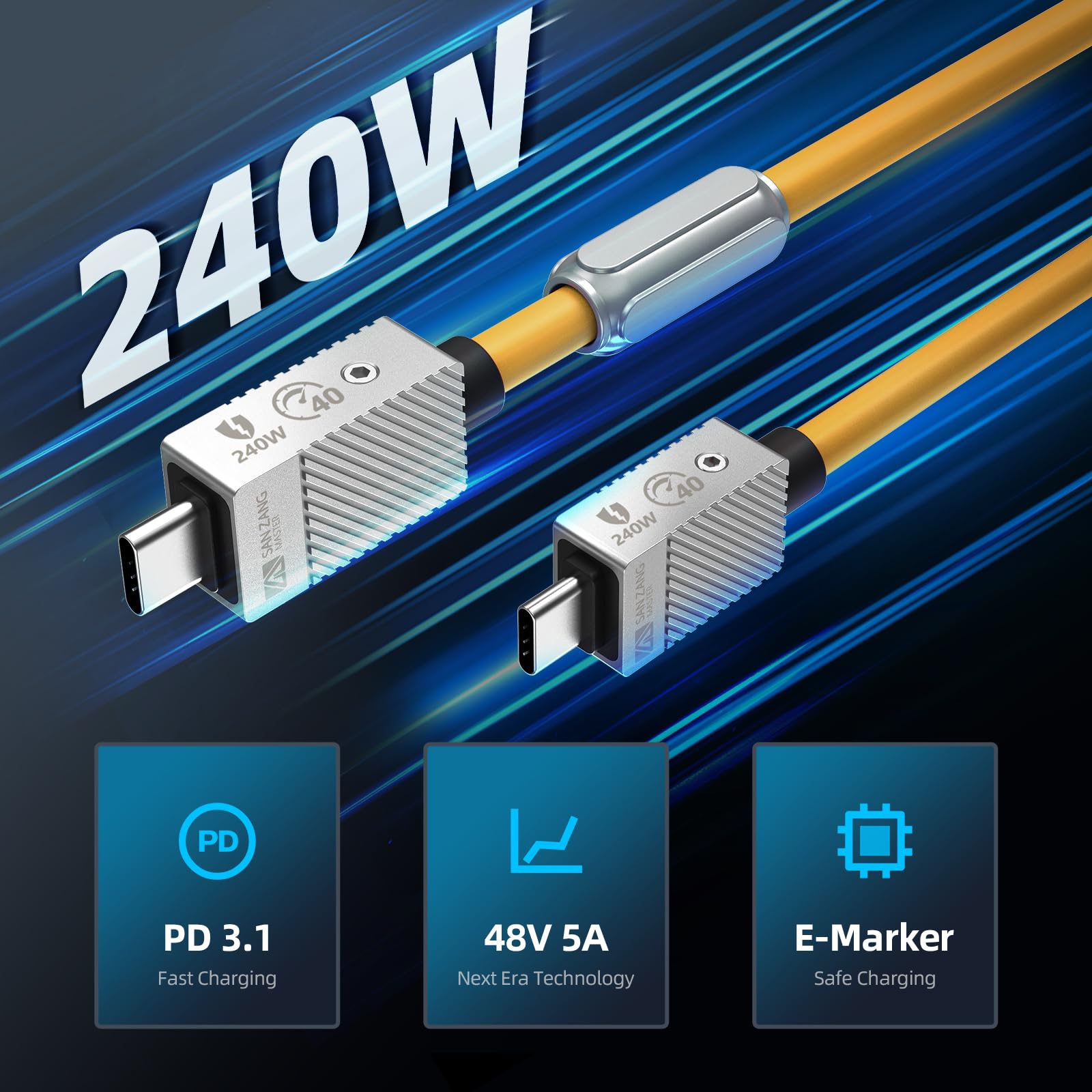 SAN ZANG MASTER Cavo da USB-C a USB-C da 240 W per trasferimento dati Thunderbolt 2 (0,5 m) 20 Gpbs, cavo display 4K Type-C compatibile con Thunderbolt 2 USB 3.2GEN 2 per dispositivi Type-C, giallo