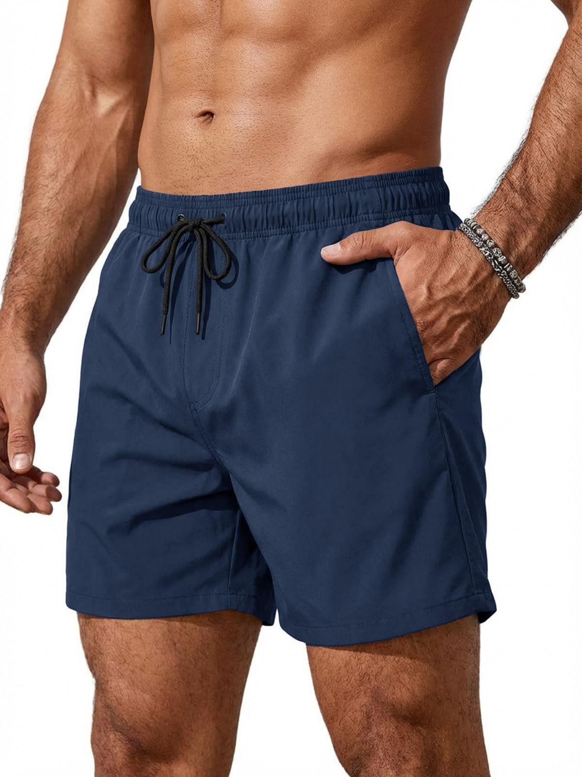 Swimming Trunks Men's Quick-Drying Swimming Shorts Men Plain Beach Swimming Trunks Elastic Sports Training Shorts with Mesh Lining and Zip Pocket-image-48