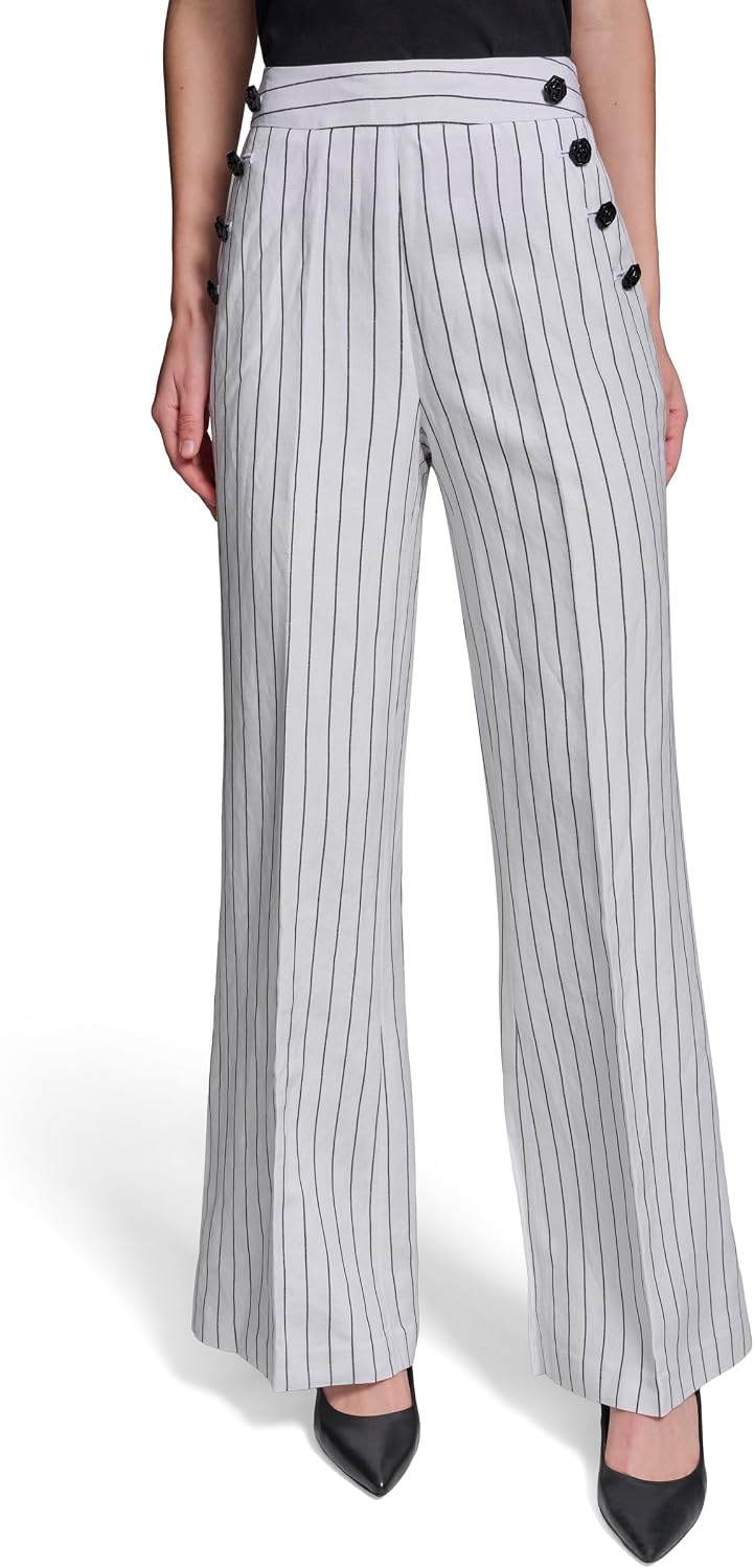 Karl Lagerfeld Women's Linen Pant Lightweight Sailor Pant Rosette Buttons Pants