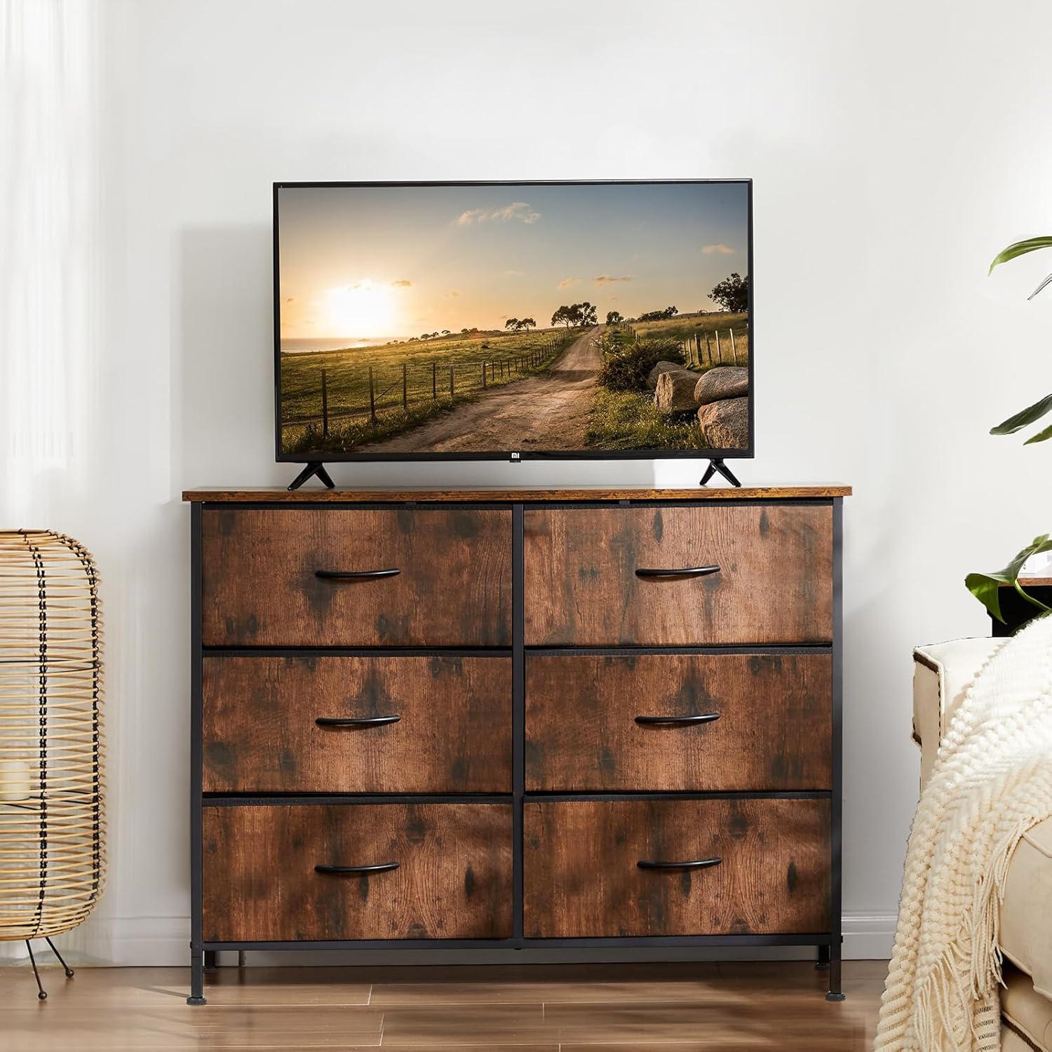 Sweetcrispy Dresser for Bedroom, TV Stand, 6-Drawer Fabric Storage Cabinet with Open Shelves, Console Table, Entertainment Center and Closet Organizers for Living Room Furniture, Brown