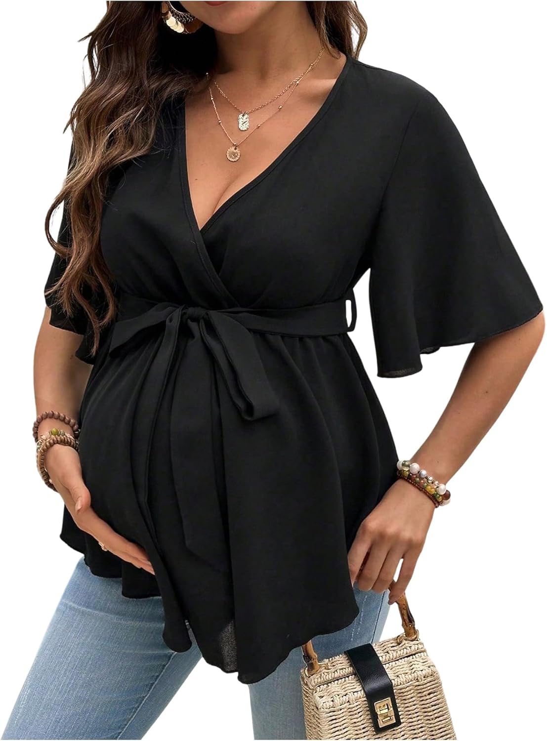 MakeMeChic Women's Maternity Blouse Wrap V Neck Ruffle Sleeve Belted Peplum Pregnancy Tops