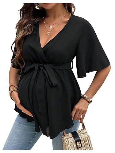 MakeMeChic Women's Maternity Blouse Wrap V Neck Ruffle Sleeve Belted