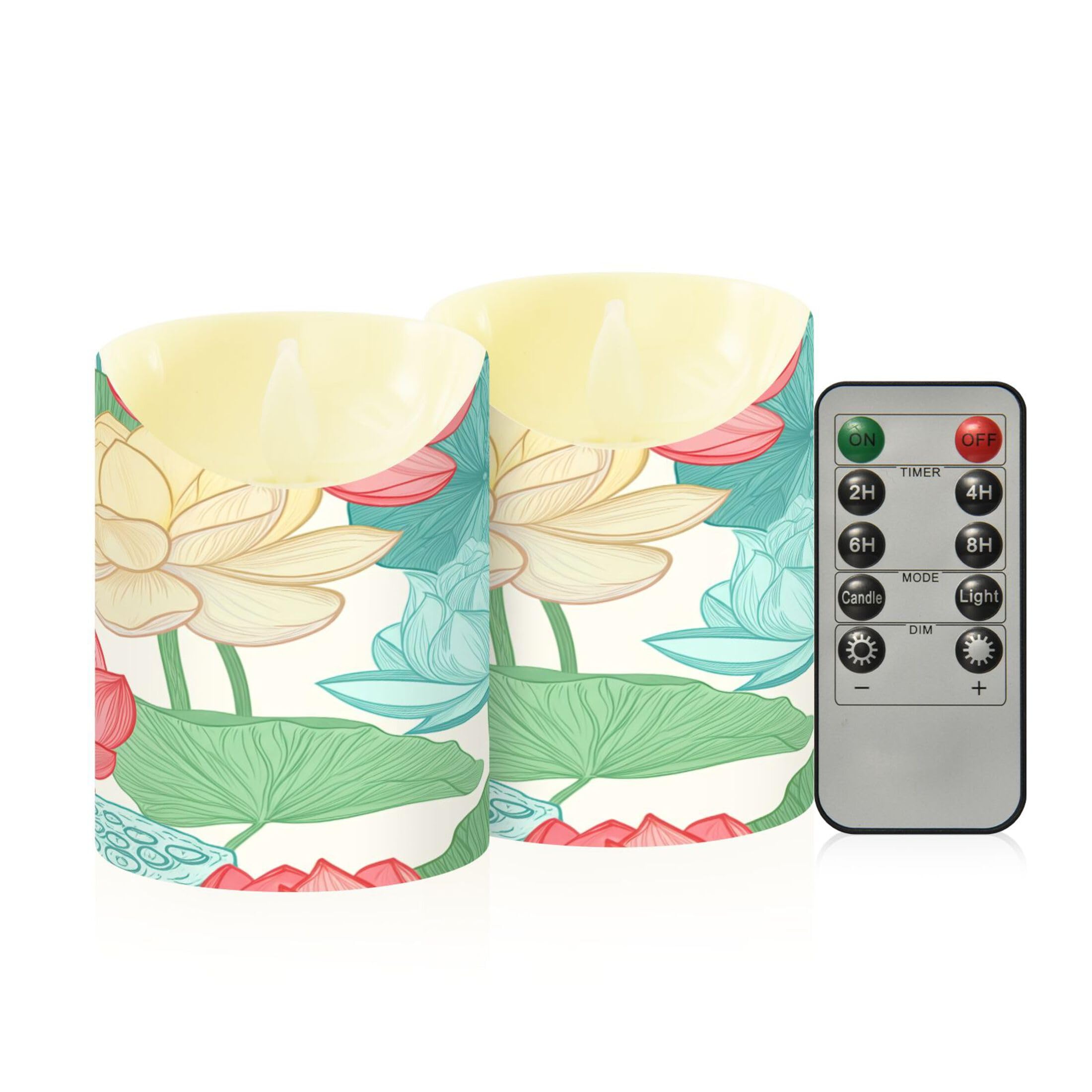 Kutsu Lotus Flowers Flameless Candles Set of 2, Battery Operated LED Flickering Candles with Remote and Timer, Plastic Pillar Candles for Home Wedding Decor