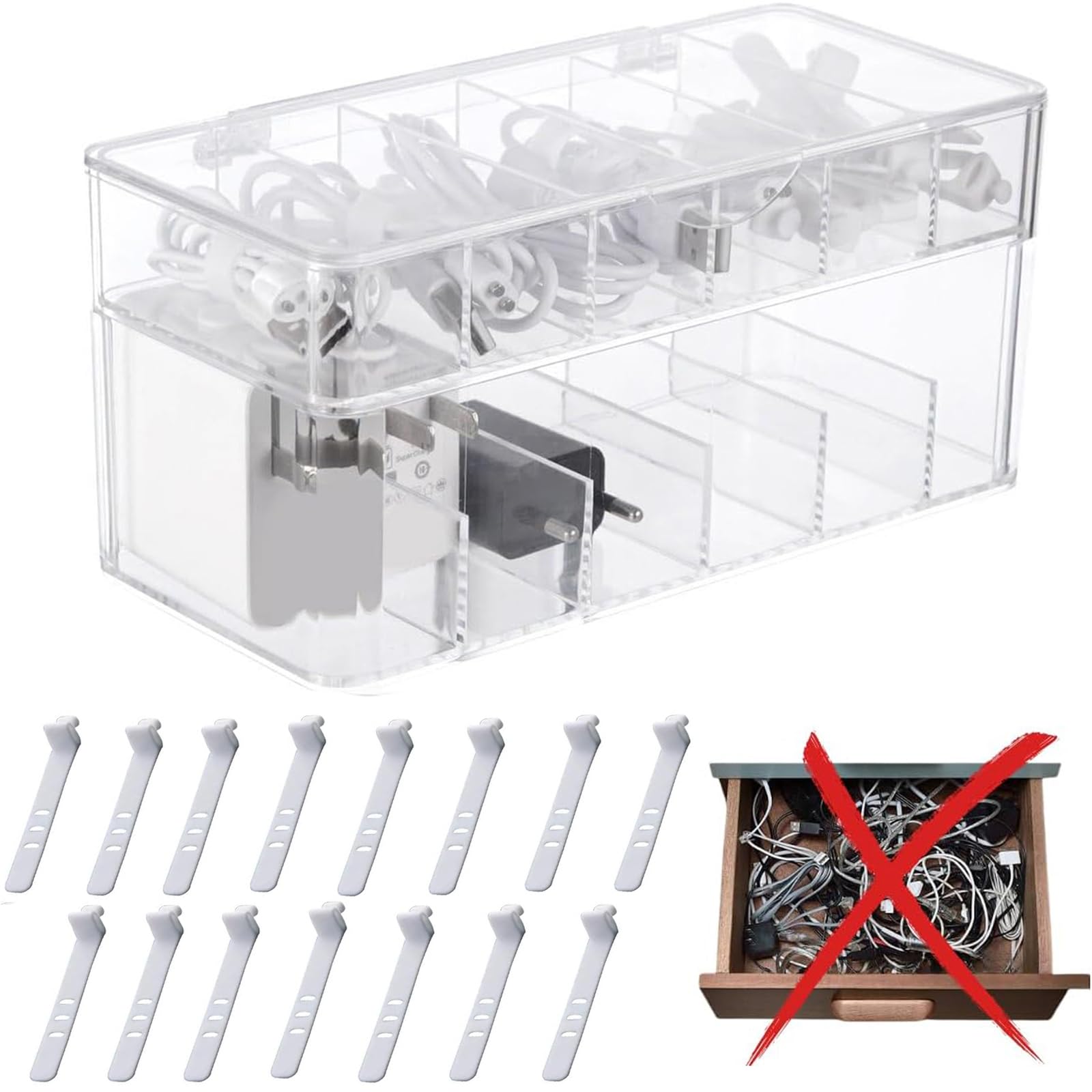 QUEENADA Double Cable Management Box with 12 Compartments - Data Cable Organizer Storage Box with 15 Wire Ties,Electronics Organizer for Office, Home Use, Desk Accessories Storage