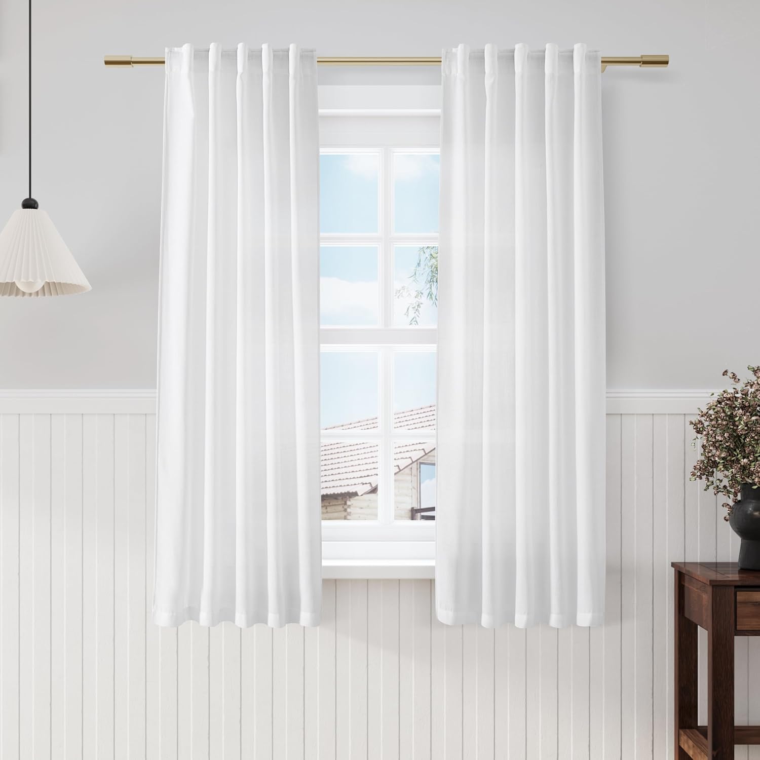 Nanspring White Kitchen Curtains 63 Inch Length 2 Panels Set Linen Blend Back Tab Privacy Light Filtering Cafe Curtain Modern Neutral Short Tier Curtains for Small Window Bathroom Bedroom 40x63