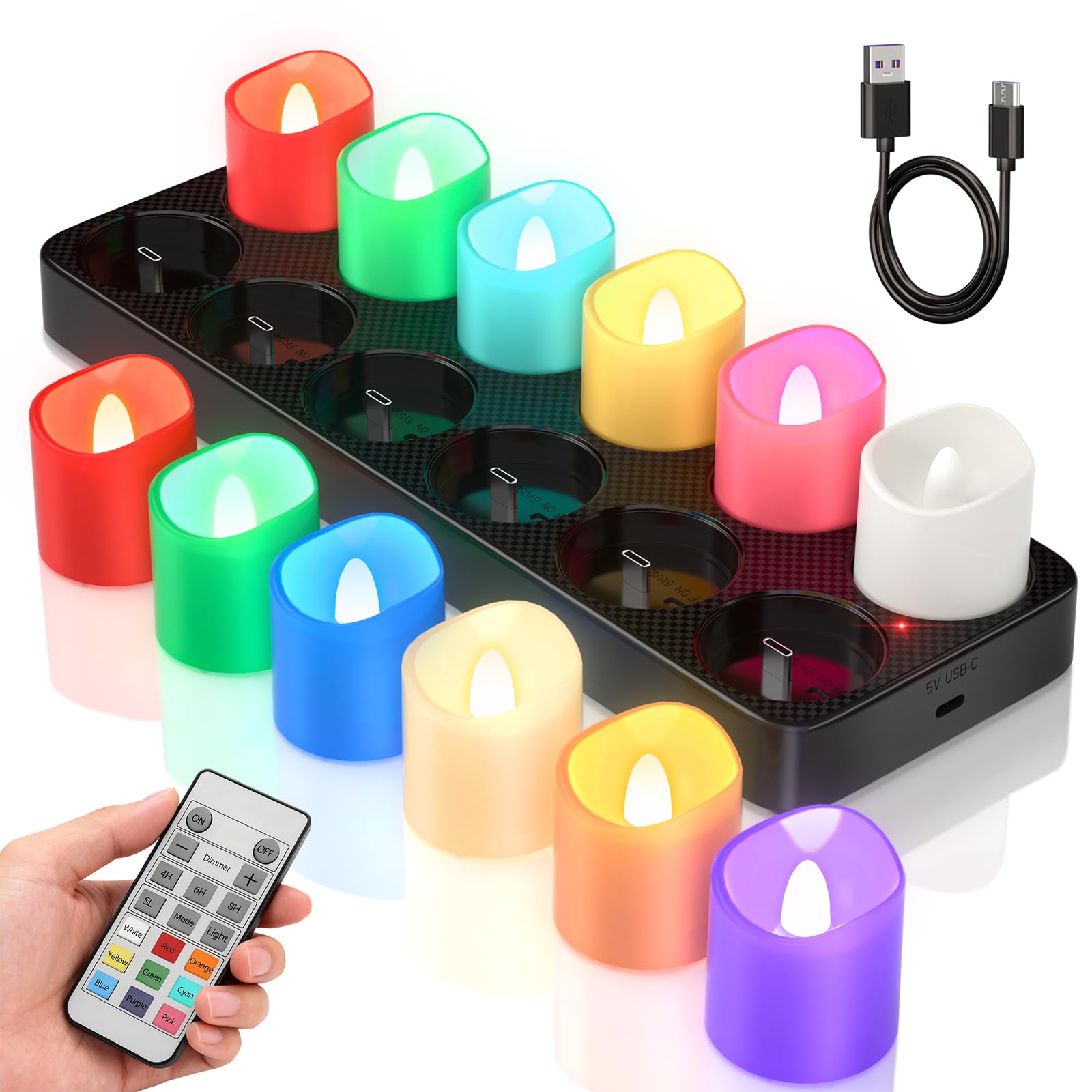 SoulBay 12er Bunte Aufladbare Teelichter mit Fernbedienung & Timer