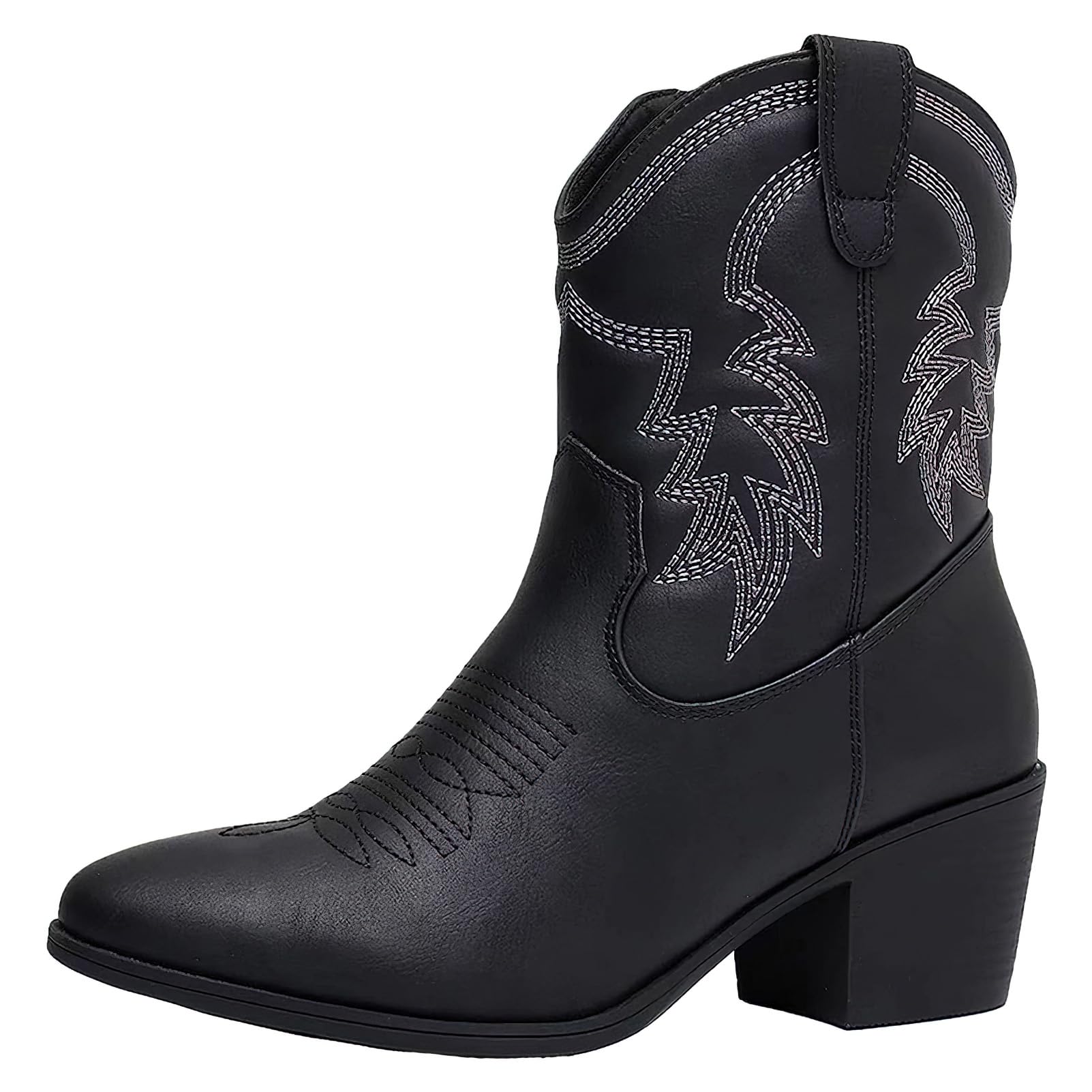 ANUFER Femmes Mi-mollet Bottes de Cow-boy Brodé Talon Bloc Fermeture éclair Latérale Chaussures Western