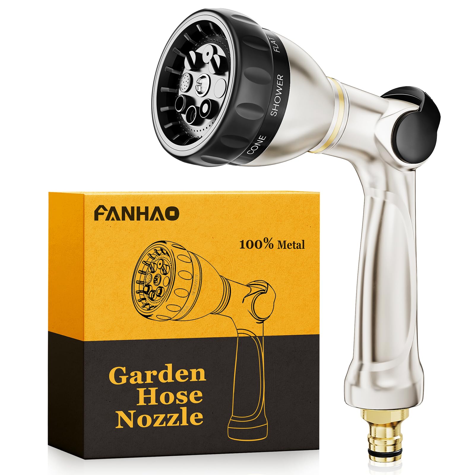 FANHAO Tuinslangspuit, 100% metaal, tuinsproeier met 8 sproeipatronen, hogedruksproeikop, duimbediening, aan/uit-ventiel voor gazon- en plantenirrigatie, auto- en huisdierwassen, zilver