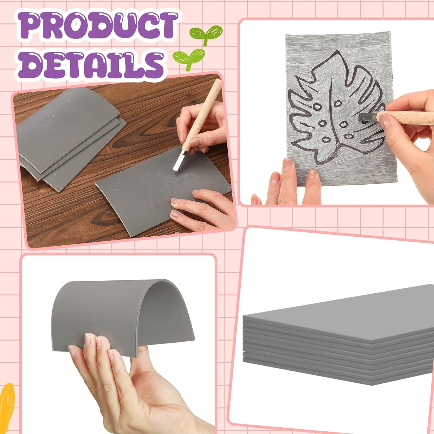 MotiMind 12 Pcs 6 x 8 Inch Linoleum Block Rubber Stamp Carving Blocks Soft Linocut Blocks Soft Linocut Plates for Printmaking DIY Art Craft Projects and Scrap Booking, Gray
