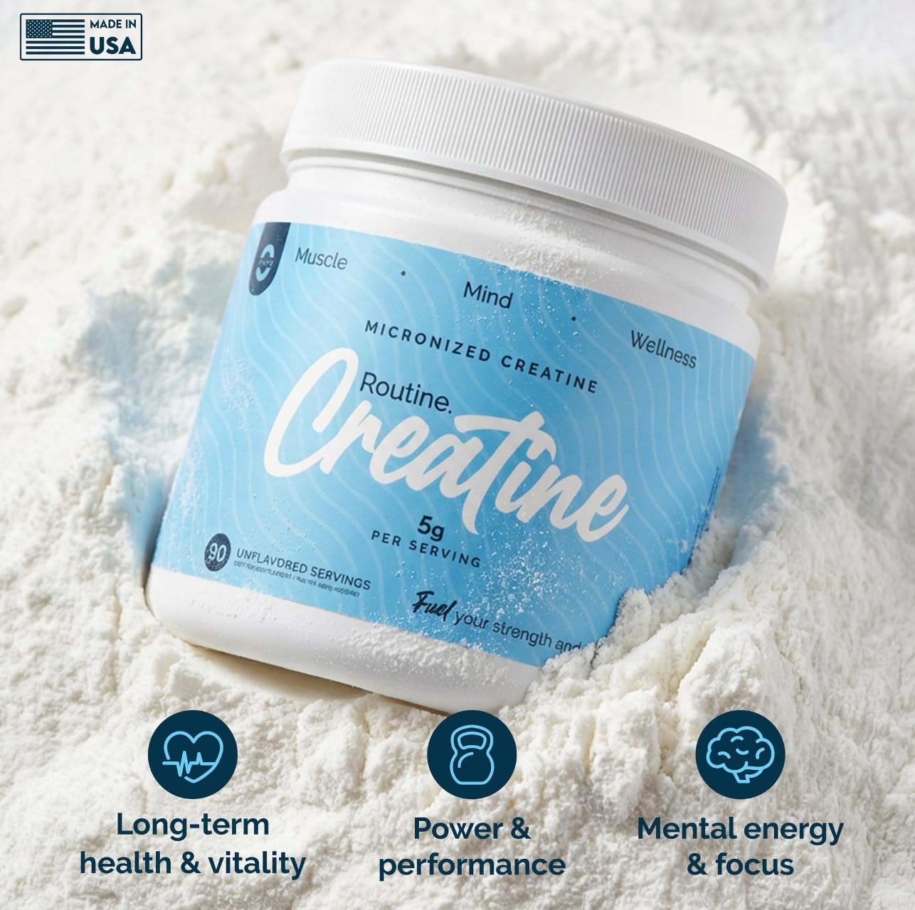 ROUTINE Creatine – Micronized Creatine Monohydrate Powder, Unflavored, Strength & Muscle Support, Workout Recovery & Energy, 90 Serving Tub