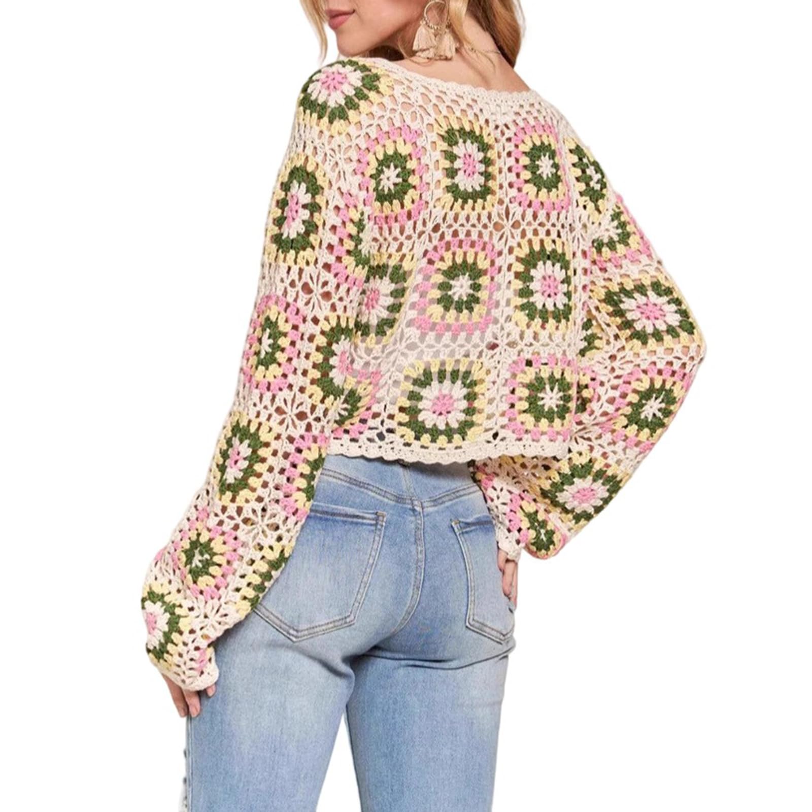 Femmes Floral Crochet Crop Top À Manches Longues Évider Col Rond Lâche Pull Tricot Tops