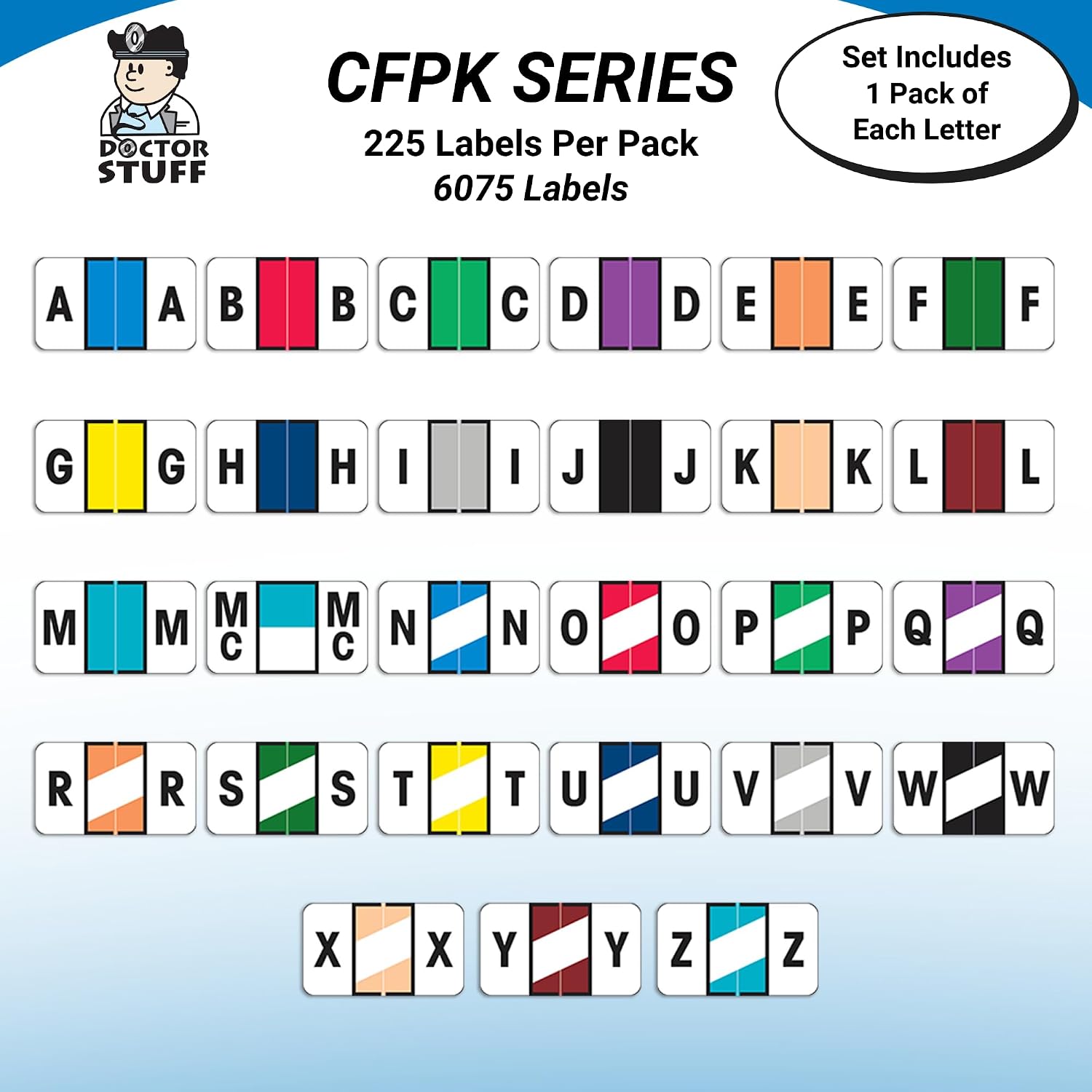 Alphabet Labels for File Folders, A to Z Plus Mc Complete Set, NO File Box and Indexes, Doctor Stuff, 225 Stickers of Each Letter, 6075 Labels, Control-O-Fax - CFPK Series Compatible Alpha Stickers