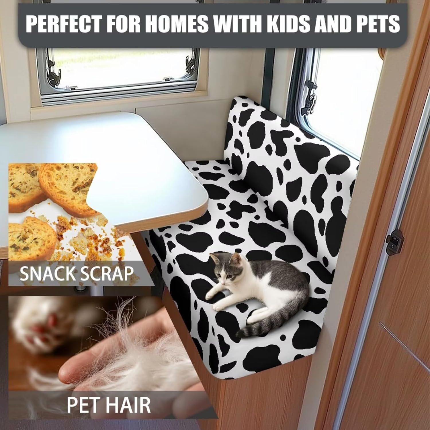 RV Dinette Cushion Covers Milk Cow Design Camper Cushion Covers Dinette Booth Set Microfiber Stretchable Fabric Loveseat Sofa Slipcover for Camper Car Bench Seats