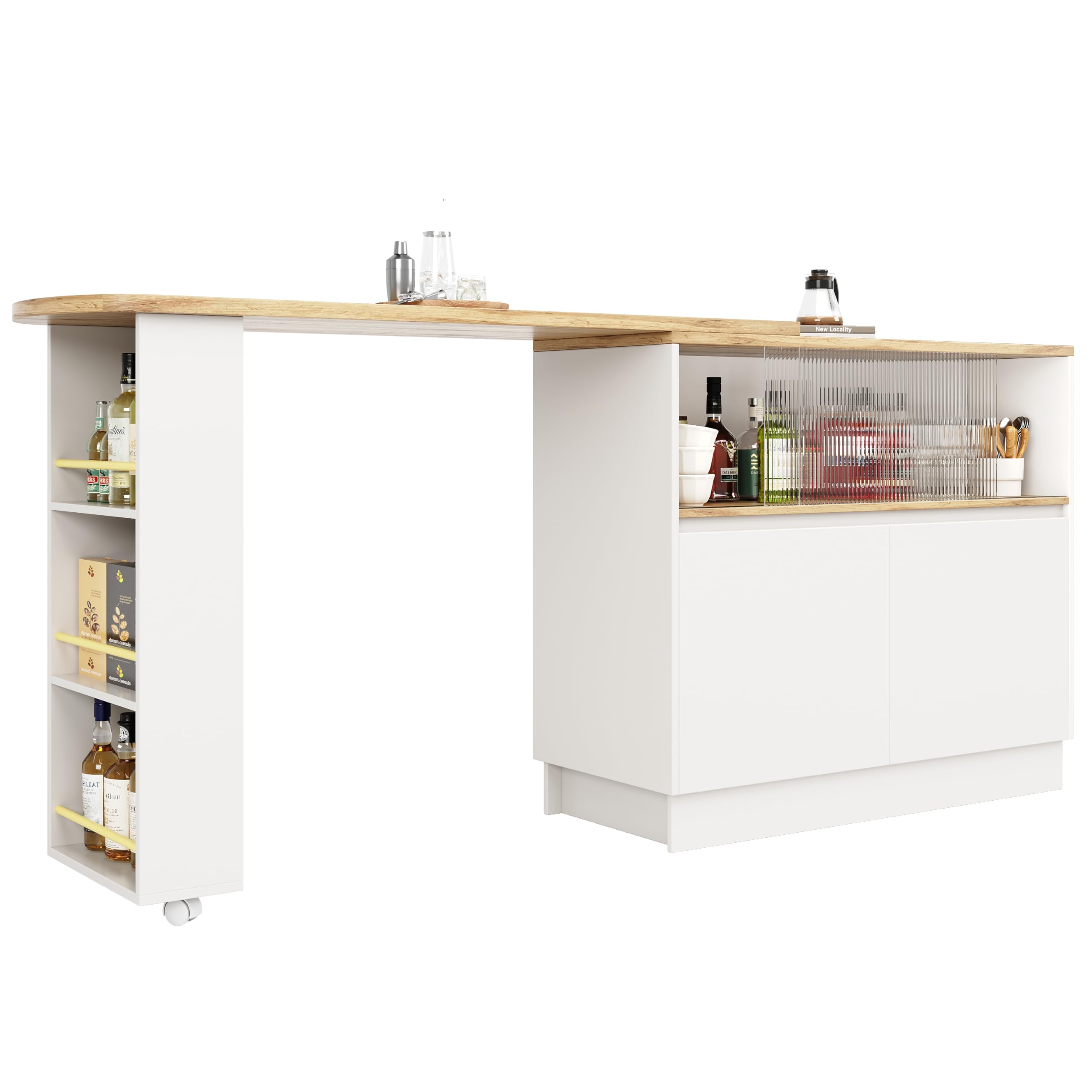 Azkoeesy Bartisch Esstisch 360° drehbare mit Stauraum, 90 x 45 x 100-165 cm, mit Rollen, Seitenregal, Schiebetüren aus Glas, Stehtisch/Bistrotisch/Hochtisch/Kücheninsel, weiß