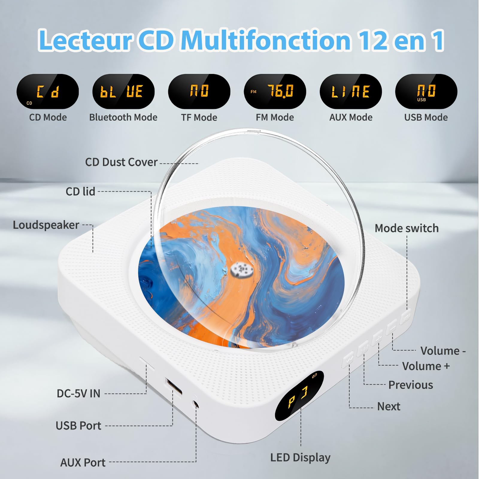 Lecteur CD, CD Player Portable Bluetooth, CD Player Kpop de Bureau Ménage avec HiFi Double Haut-Parleur, Mini Lecteur Musique avec écran LCD Radio FM Prise Casque AUX/USB, Cadeaux Noel (Blanc)