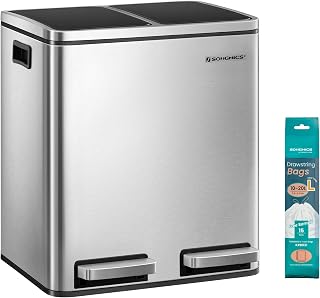 SONGMICS Kitchen Dustbin 30L Metal Trash Can Waste Separation Pedal Bin | 15 liners included, internal buckets, soft closure for small spaces, silver and ink black, pary collection, LTB30H