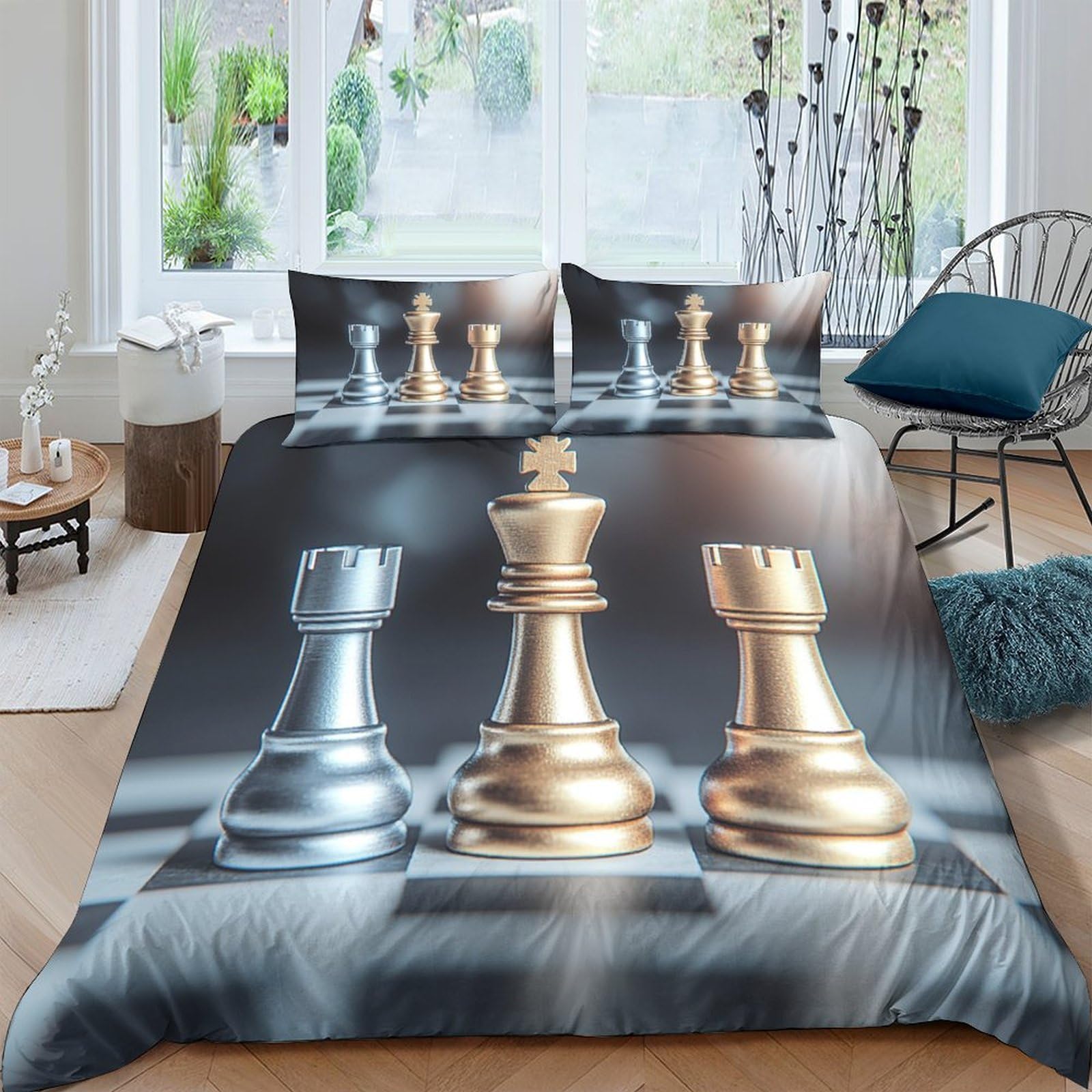 Ctjqhvkz Style-10 3D Printed Chess King Fitted Sheet Microfiber Soft Decor, Silver Gold Pieces Bed Cover For Bedroom Dorm Single（135X200cm）