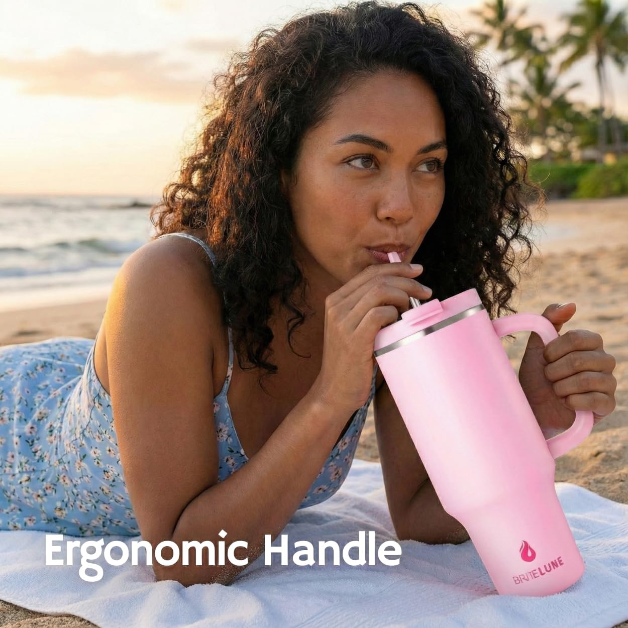 Travel 40oz Tumbler with Handle & Straw, 100% Leakproof, Triple-Insulated, Keeps Drinks Cold 30H/ Hot 12H, Stainless Steel Cup, Cup Holder Friendly (Tea Rose)