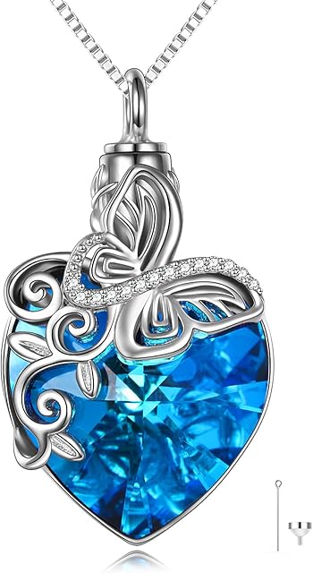 TOUPOP Ashes Jewellery s925 Sterling Silver Butterfly/Tree of Life Urn Necklace for Ashes Cremation Jewelry with Crystal Memory Locket Gifts for Women, with Funnel Filler
