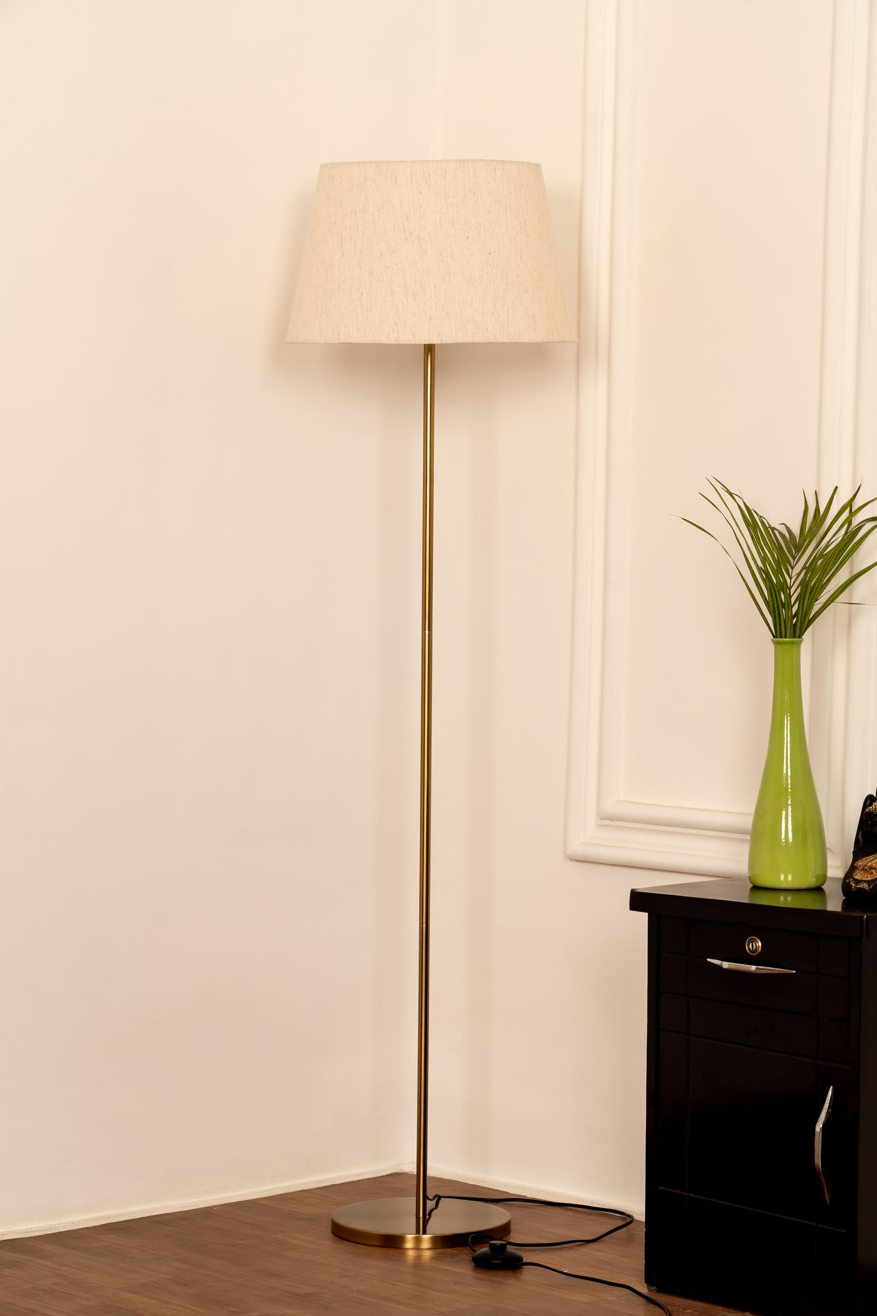 Divine Trends Floor Lamp LED, Incandescent Standing Modern Antique Brass Finish 5Ft Height with 16 Inches Off White Lampshade for Living Room Corner, Home, Hotel, Office Pack of 1 - Led Bulb Included 1