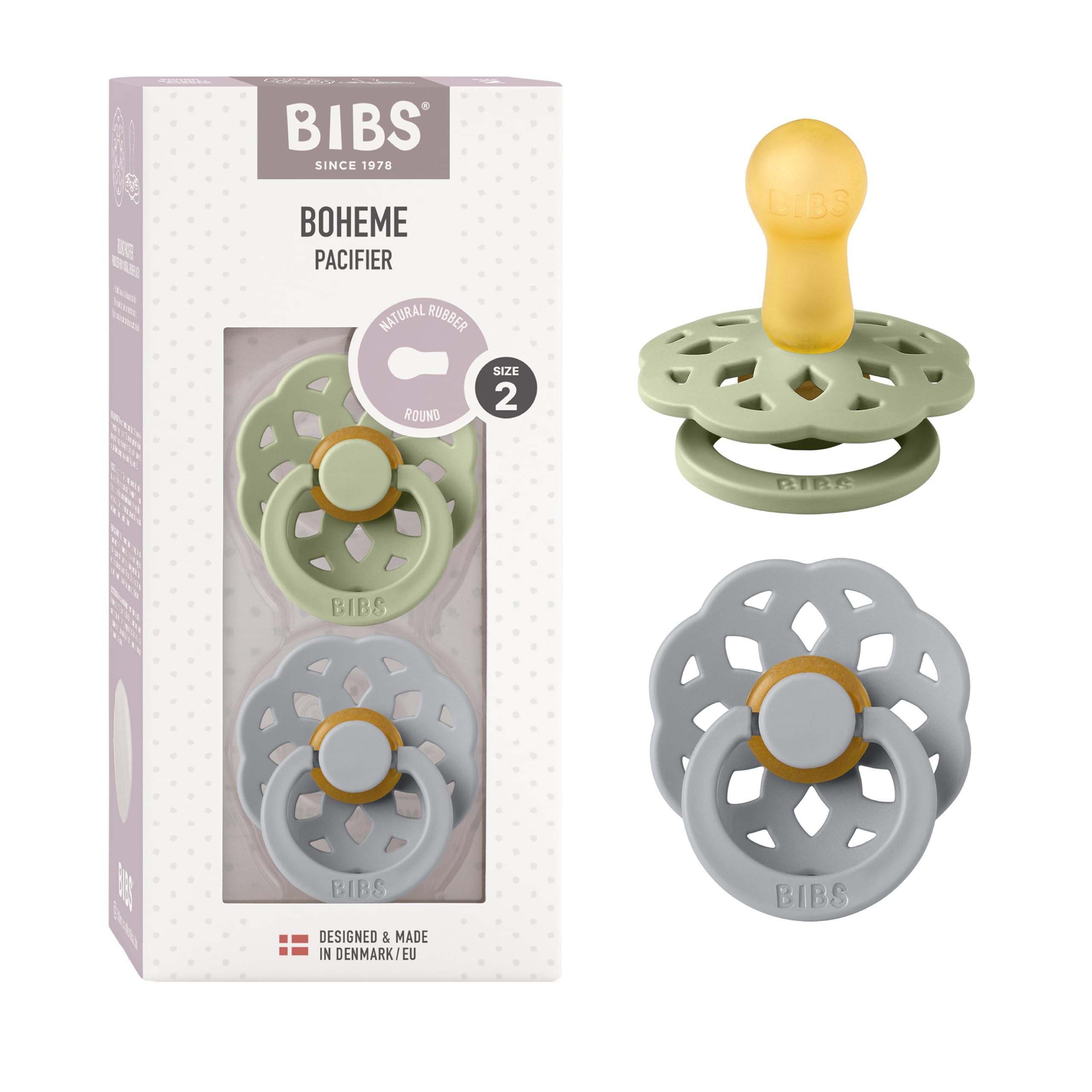 BIBS Boheme Natural Rubber Baby Pacifier - Round & Soft Nipple, Gentle Shield Prevents Skin Irritation & Moisture Buildup, 100% Food Grade, BPA Free Soother, 6-18 Months, Pack of 2, Sage and Cloud