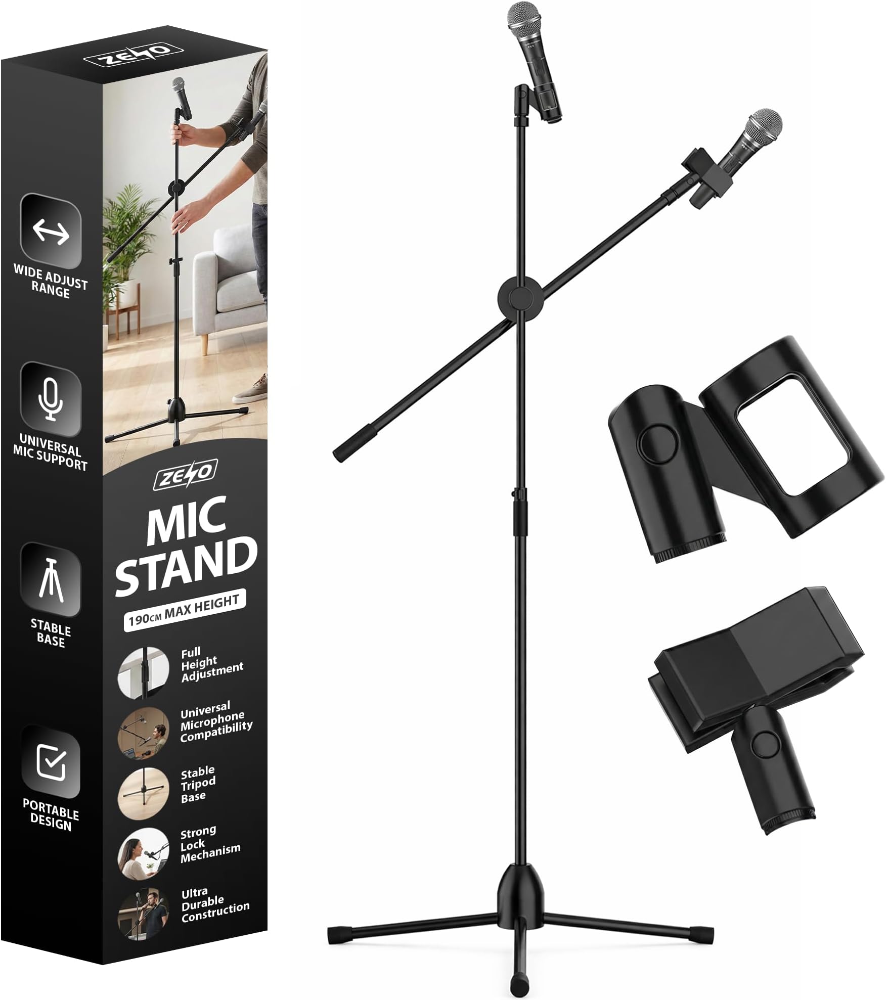 ZENO Microphone Stand Boomarm | Portable Mic Stand | Adjustable Boom Arm for Musicians, Schools, Meeting Rooms, Live Perfomances | Fits All Microphones | 190CM Max Height | Black