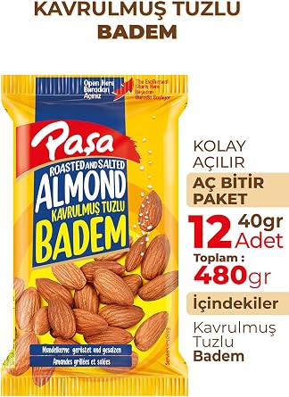 Paşa Kavrulmuş Tuzlu Badem, 12 Paket x 40gr, Toplam 480gr, Atıştırmalık Kuruyemiş