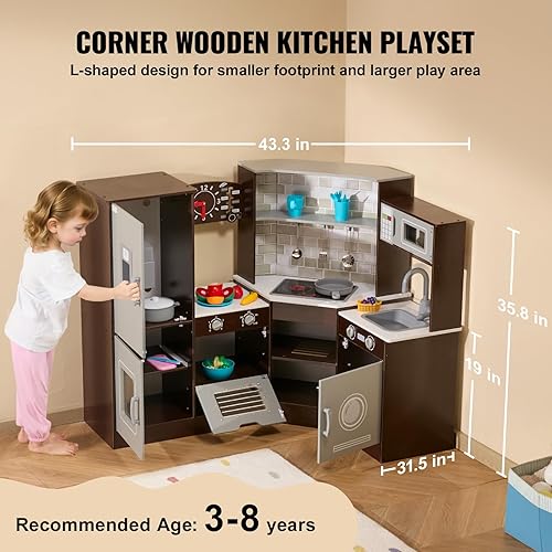 Miniatura 3 de VEVOR Juego de cocina interactivo de madera para niños con luces y sonidos, diseño de esquina con máquina de hielo, horno, fregadero, reloj,