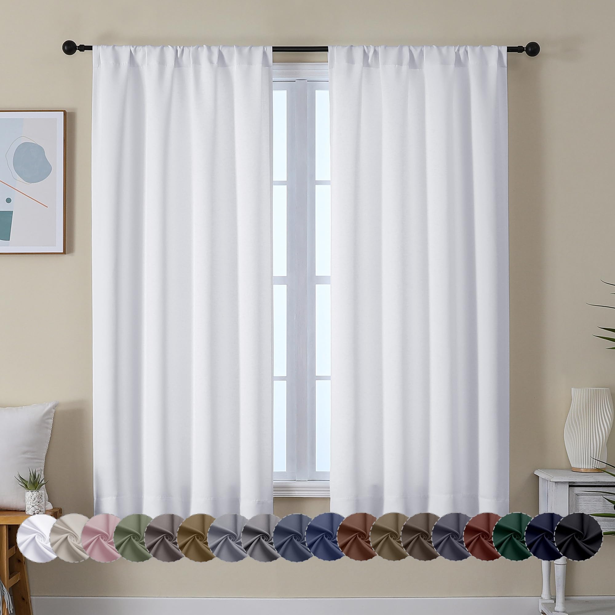 Simplebrand Ava Pure White Curtains for Bedroom 63 Inch Length 2 Panels Set, Light Filtering Window Treatment, Light Filtering Curtain Drapes, Soft Casual Rod Pocket Privacy Curtains, W40 x L63 Inch