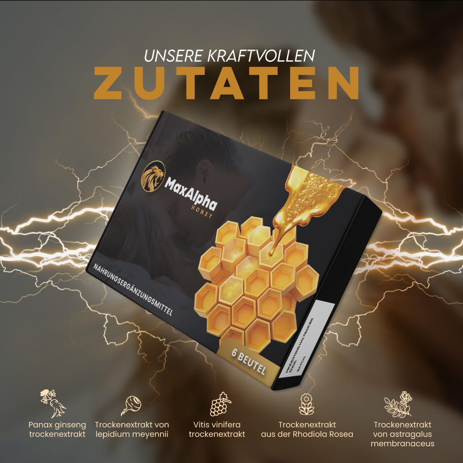 MaxAlpha Honey mit Ginseng-Extrakt & Vitamin B1 and B2 – 100% reiner Kräuterhonig | 6 Beutel à 15g | Natürliche Formel | Extra stark & sofortige Energie – Für aktive Männer & besondere private Momente