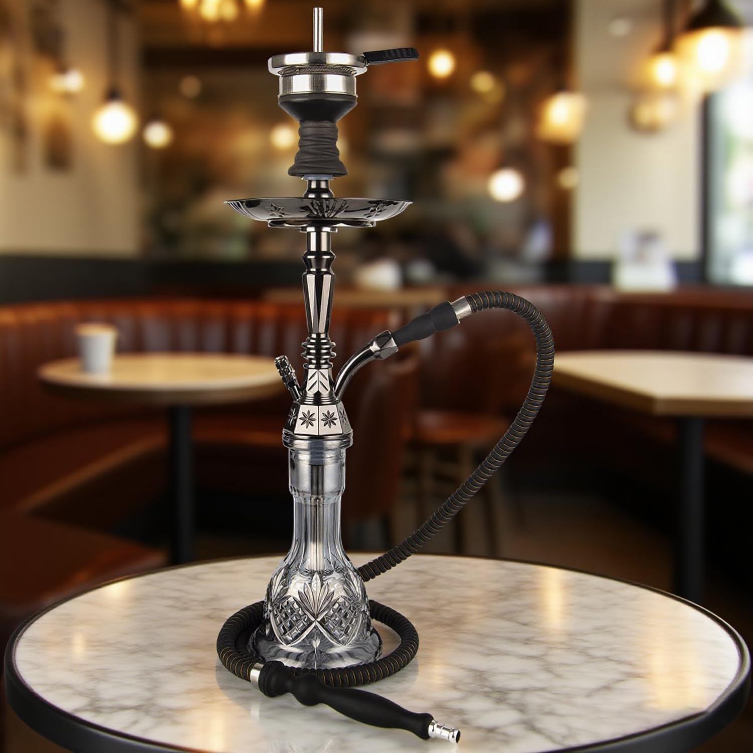 AGFYLIFE Hookah Set 25" Egyptian Style Hookah Complete Set with Everything, Shisha Accessories Includes Glass Vase, Clay Bowl, Leather Hookah Hose, Electroplated Black
