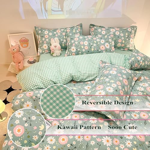 Miniatura 4 de Funda de edredón verde salvia, juego de funda de edredón floral de margaritas botánicas de 3 piezas, juego de funda de edredón para niños, juego de